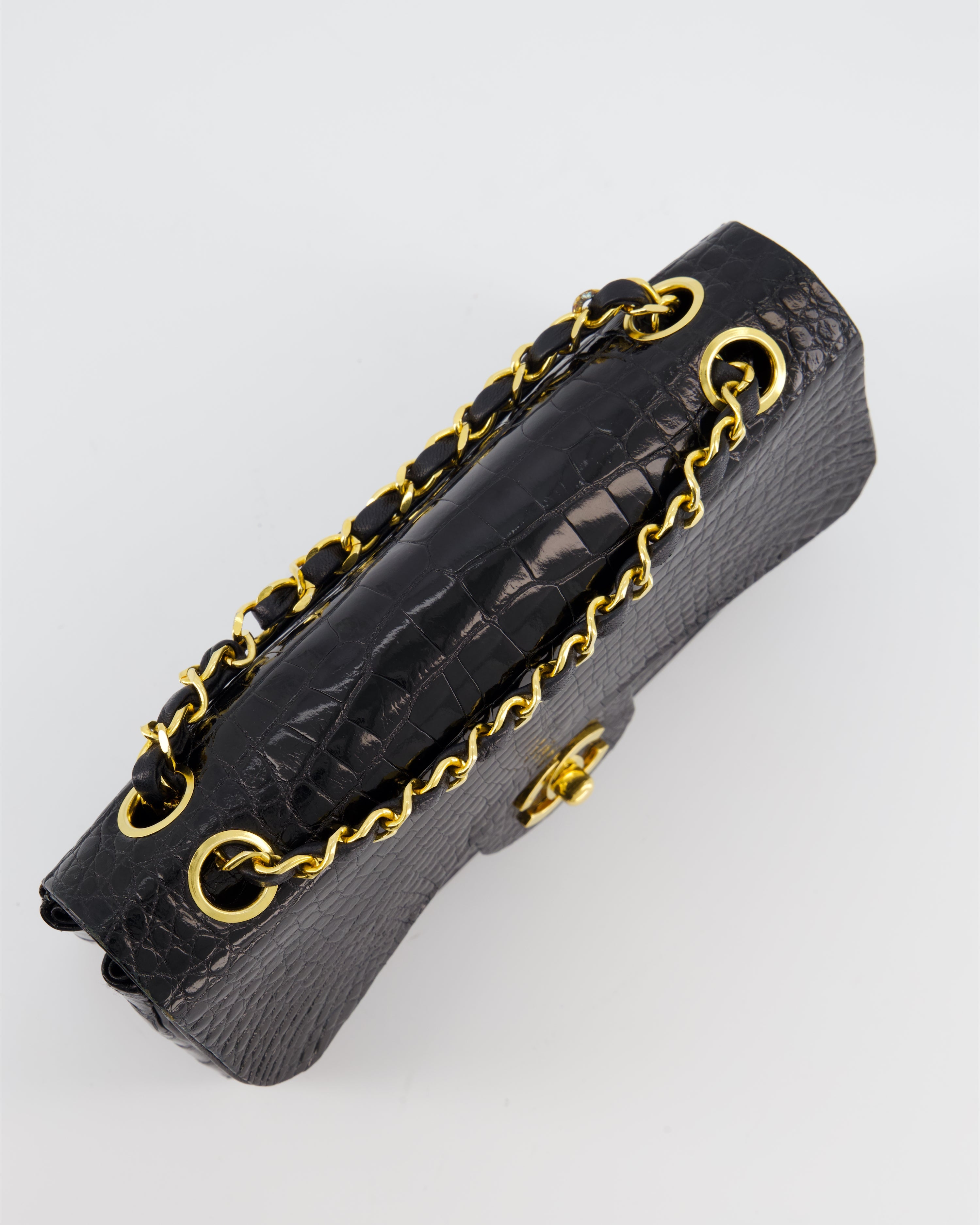 *RARE* Chanel Black Vintage Classic Flap Bag in Shiny Crocodile Leather with 24K Gold Hardware