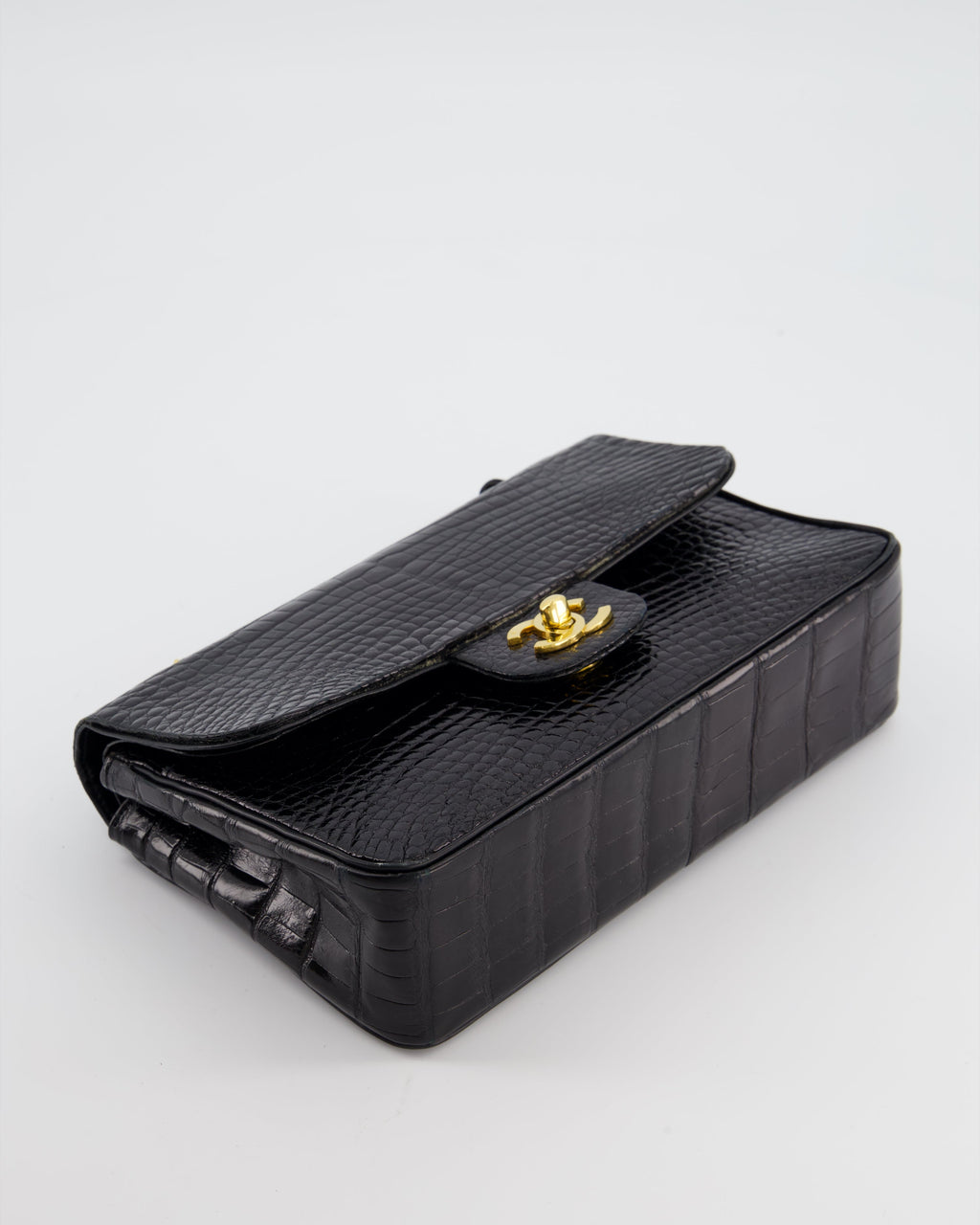 *RARE* Chanel Black Vintage Classic Flap Bag in Shiny Crocodile Leather with 24K Gold Hardware