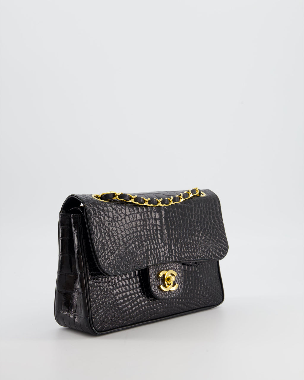 *RARE* Chanel Black Vintage Classic Flap Bag in Shiny Crocodile Leather with 24K Gold Hardware