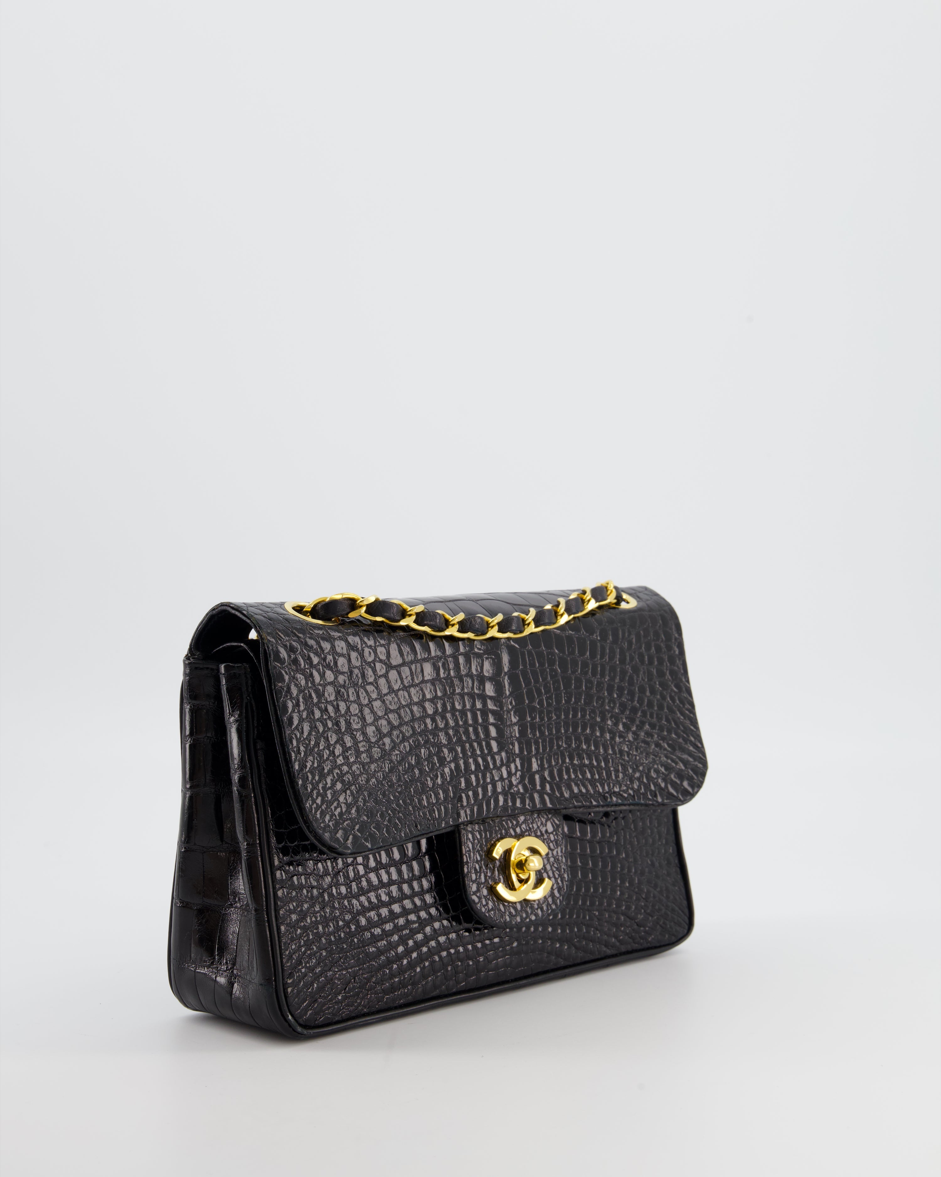 *RARE* Chanel Black Vintage Classic Flap Bag in Shiny Crocodile Leather with 24K Gold Hardware