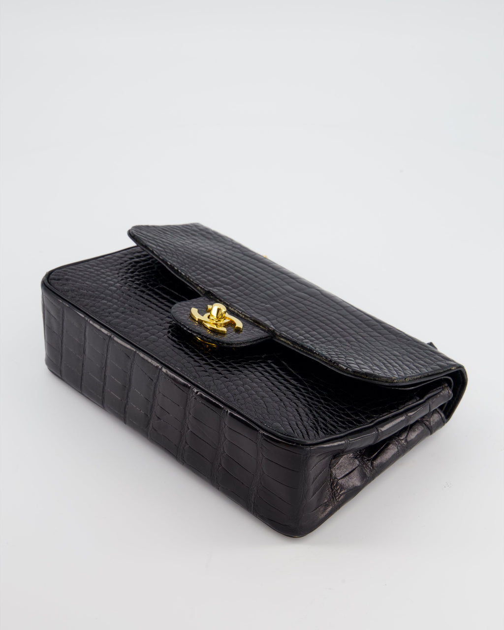 *RARE* Chanel Black Vintage Classic Flap Bag in Shiny Crocodile Leather with 24K Gold Hardware