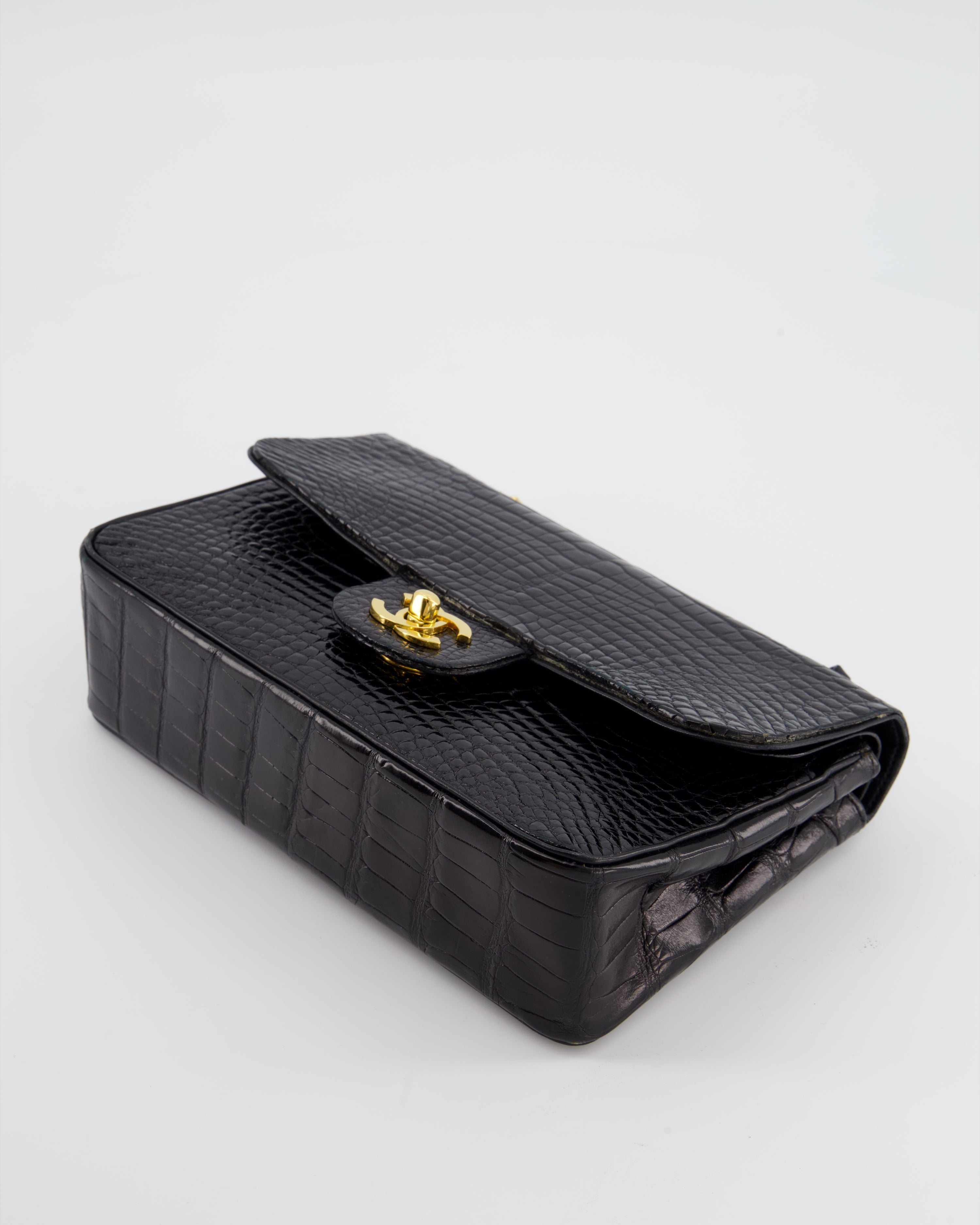 *RARE* Chanel Black Vintage Classic Flap Bag in Shiny Crocodile Leather with 24K Gold Hardware