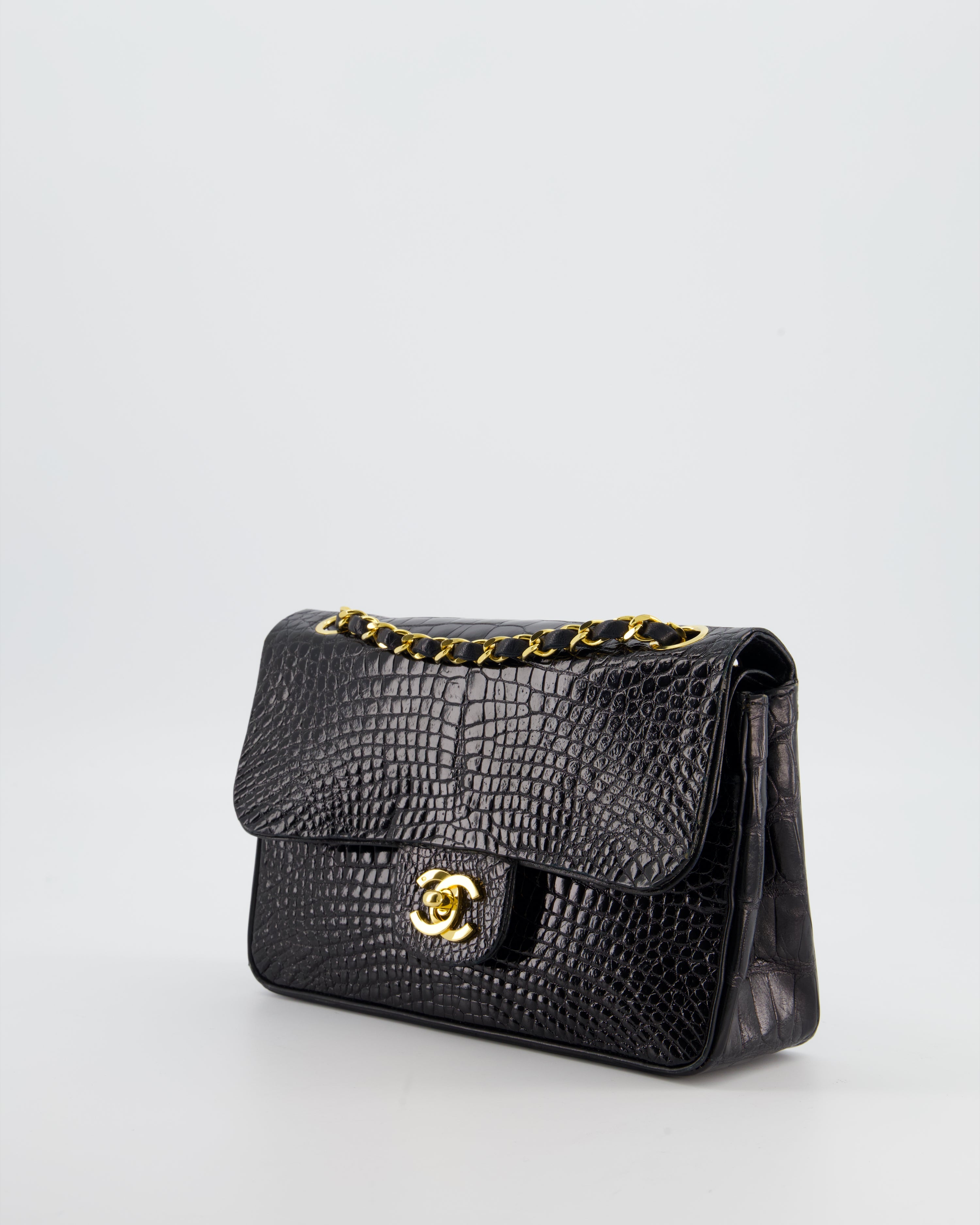 *RARE* Chanel Black Vintage Classic Flap Bag in Shiny Crocodile Leather with 24K Gold Hardware