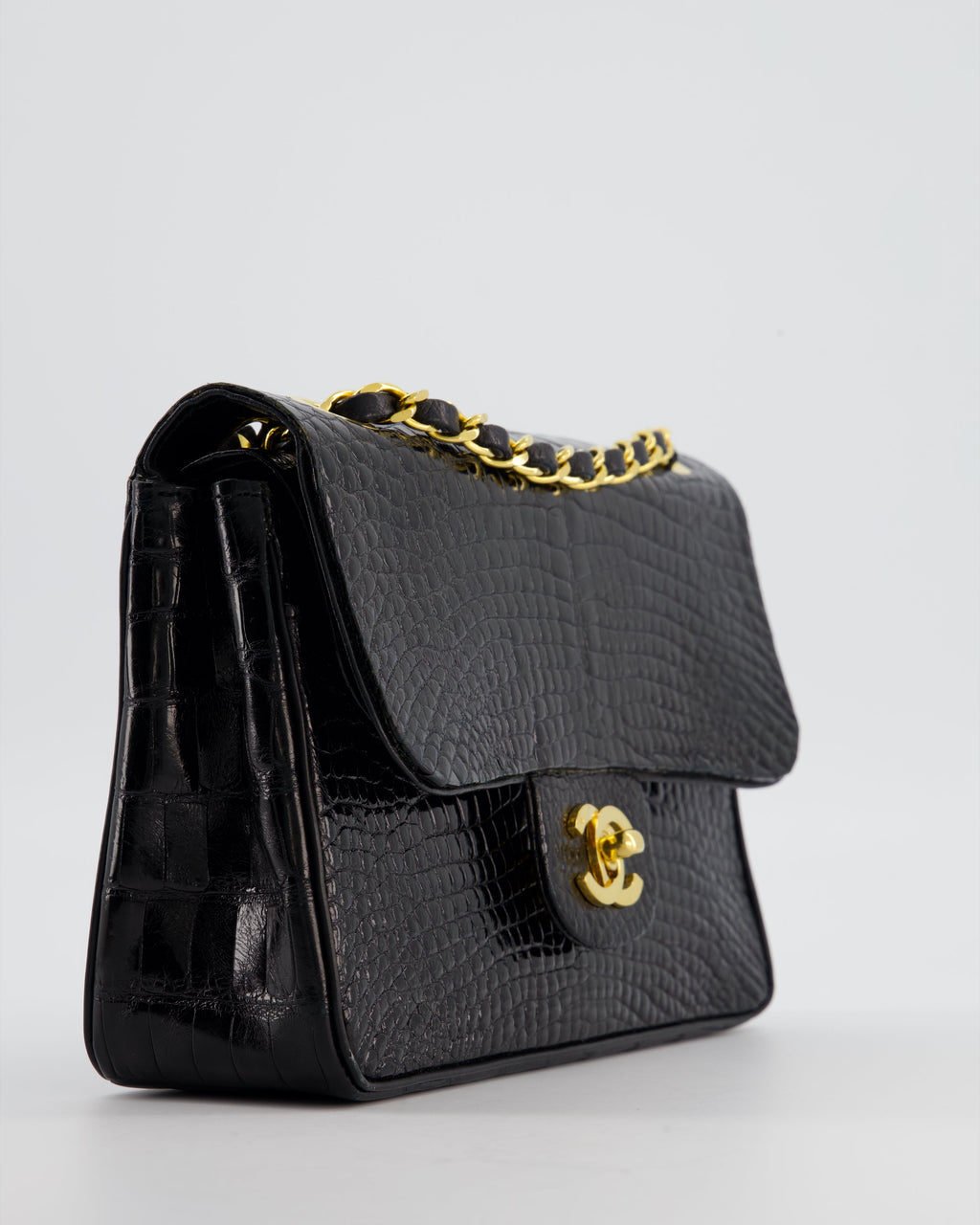 *RARE* Chanel Black Vintage Classic Flap Bag in Shiny Crocodile Leather with 24K Gold Hardware
