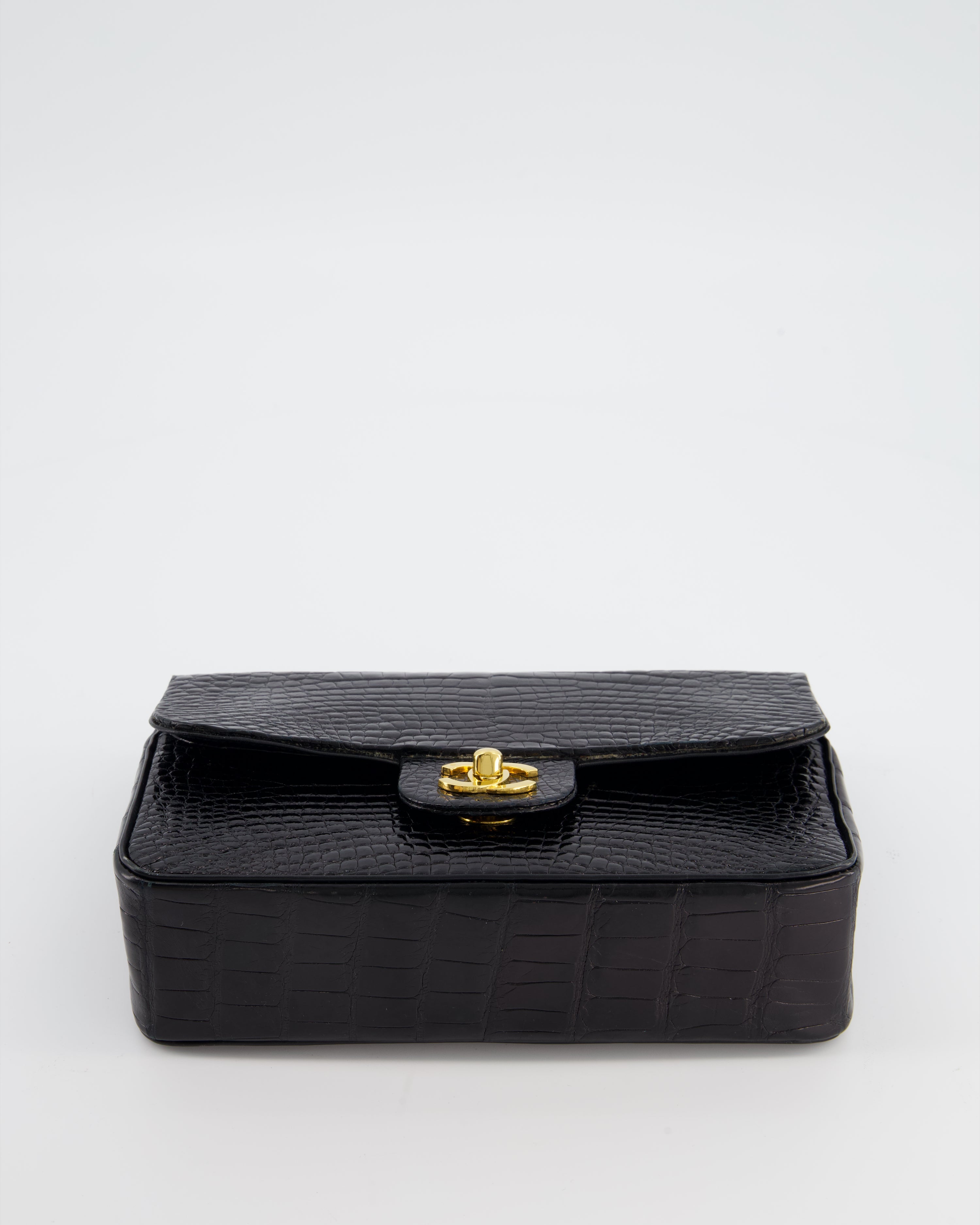 *RARE* Chanel Black Vintage Classic Flap Bag in Shiny Crocodile Leather with 24K Gold Hardware