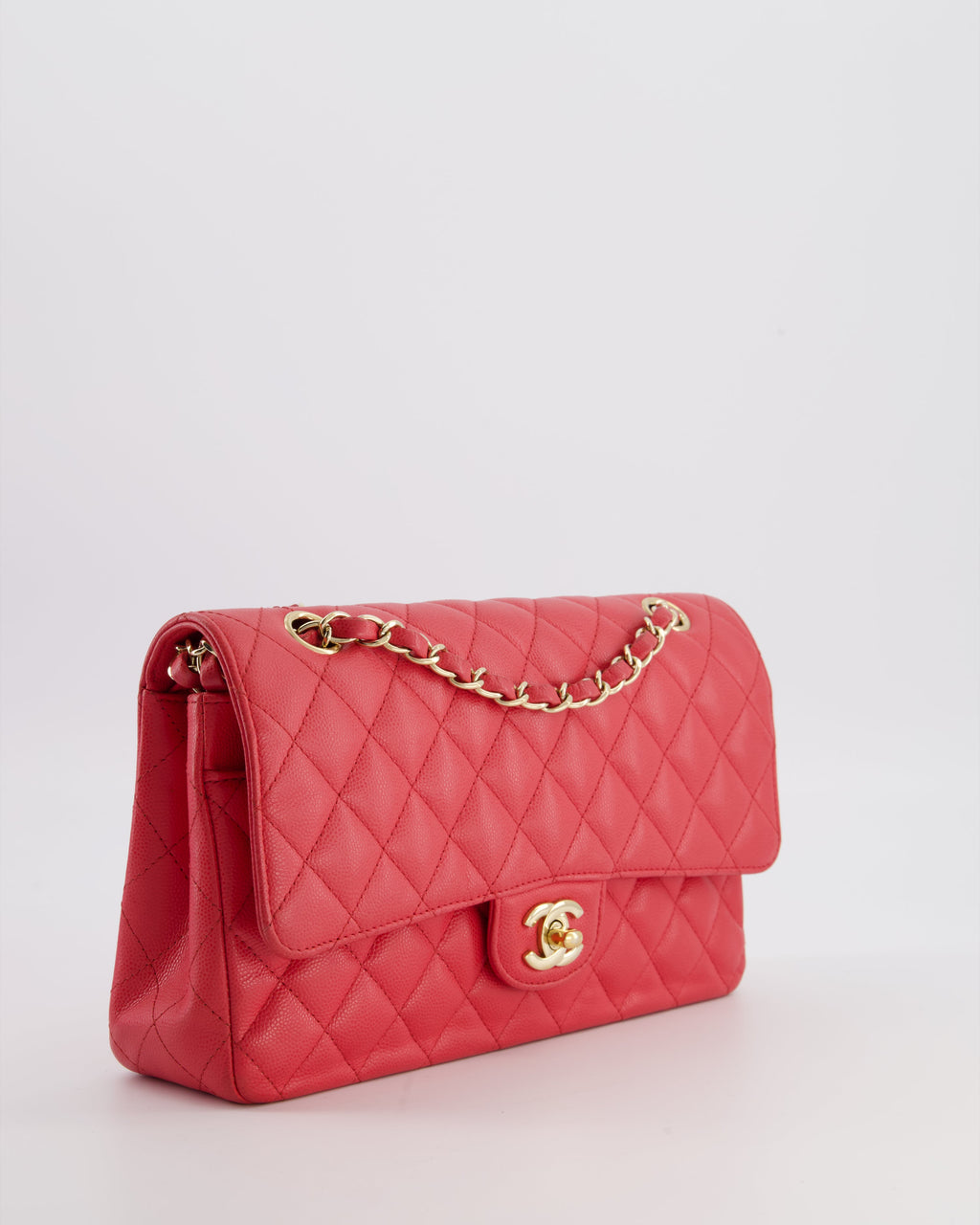 Chanel Pink Medium Classic Double Flap Bag in Caviar Leather with Champagne Gold Hardware