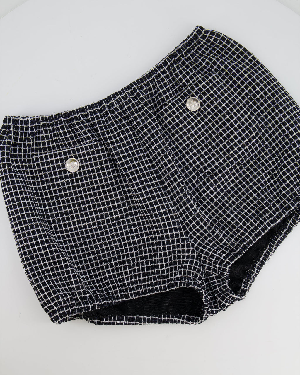 Chanel Black and White Checkered Micro Shorts with Silver Metallic Details and Silver CC Logo Buttons Size FR 36 (UK 8)