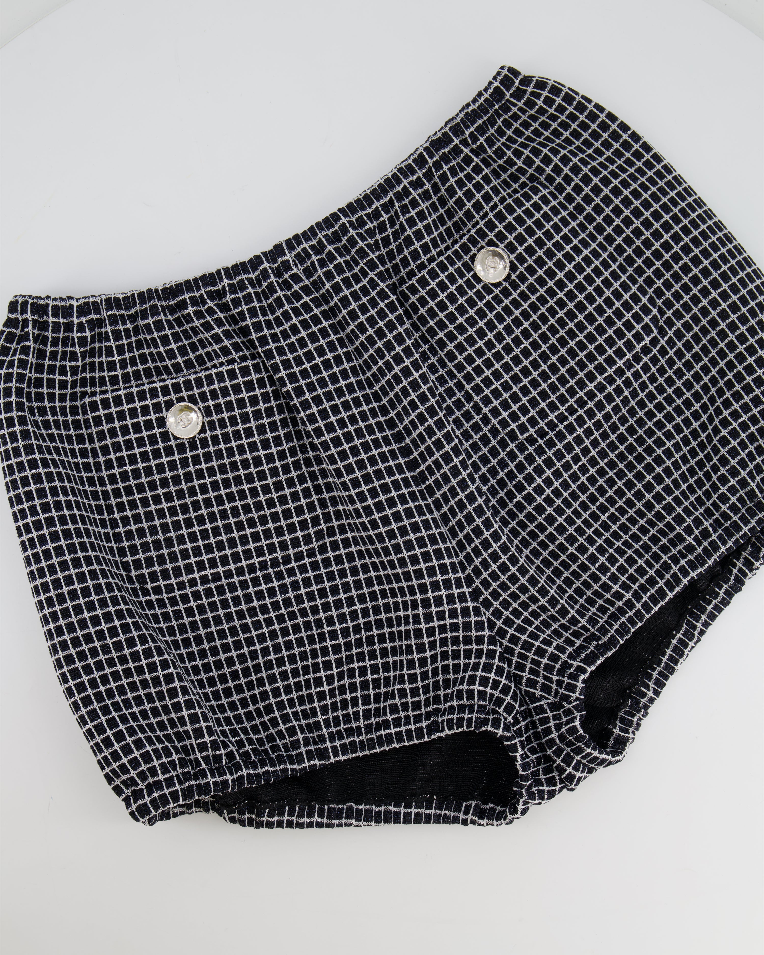 Chanel Black and White Checkered Micro Shorts with Silver Metallic Details and Silver CC Logo Buttons Size FR 36 (UK 8)