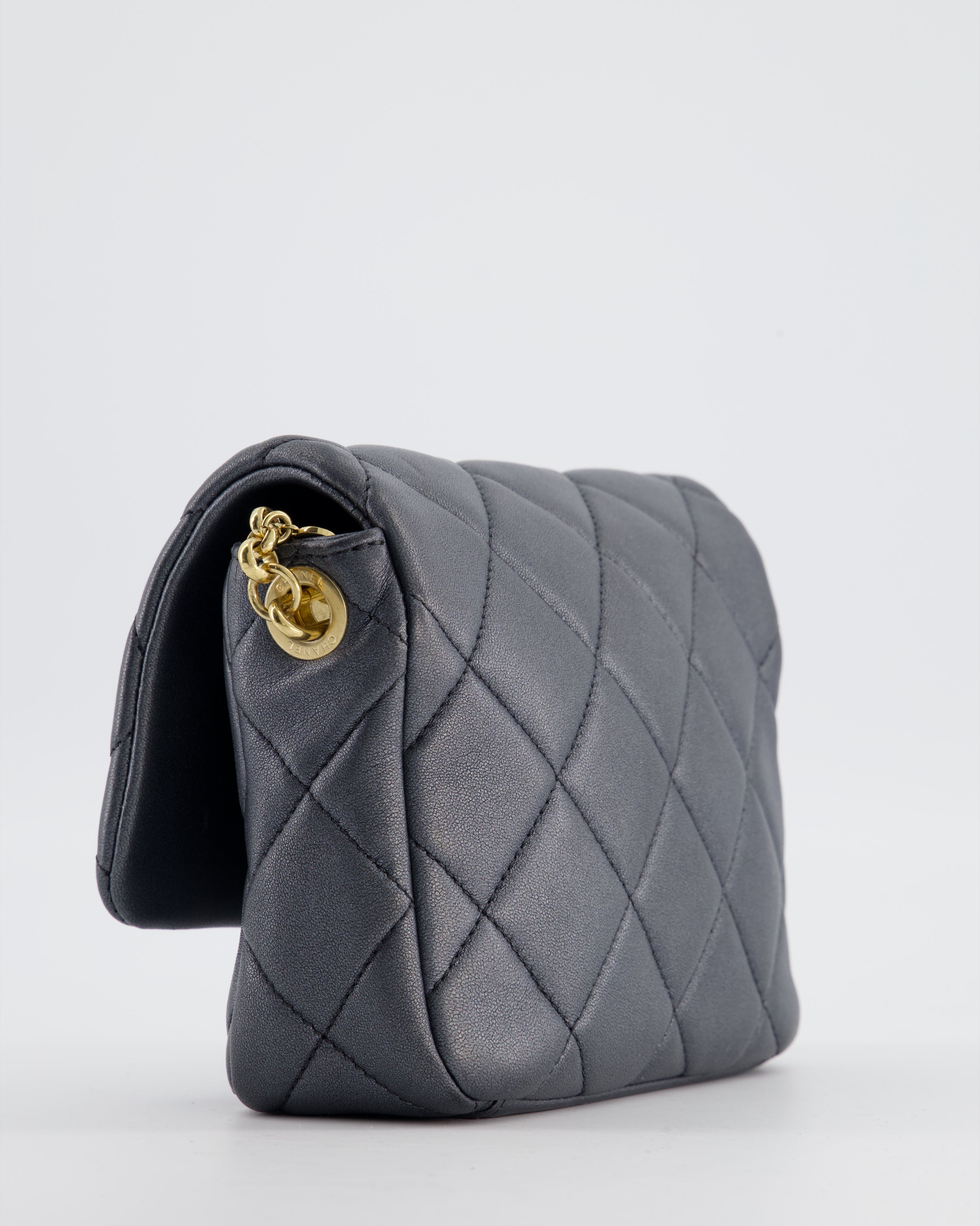 Chanel Dark Metallic Silver Small Flap Bag in Lambskin Leather with Gold Hardware and Chanel Charm Chain