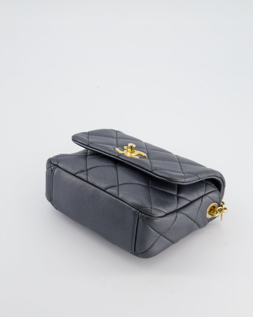 Chanel Dark Metallic Silver Small Flap Bag in Lambskin Leather with Gold Hardware and Chanel Charm Chain