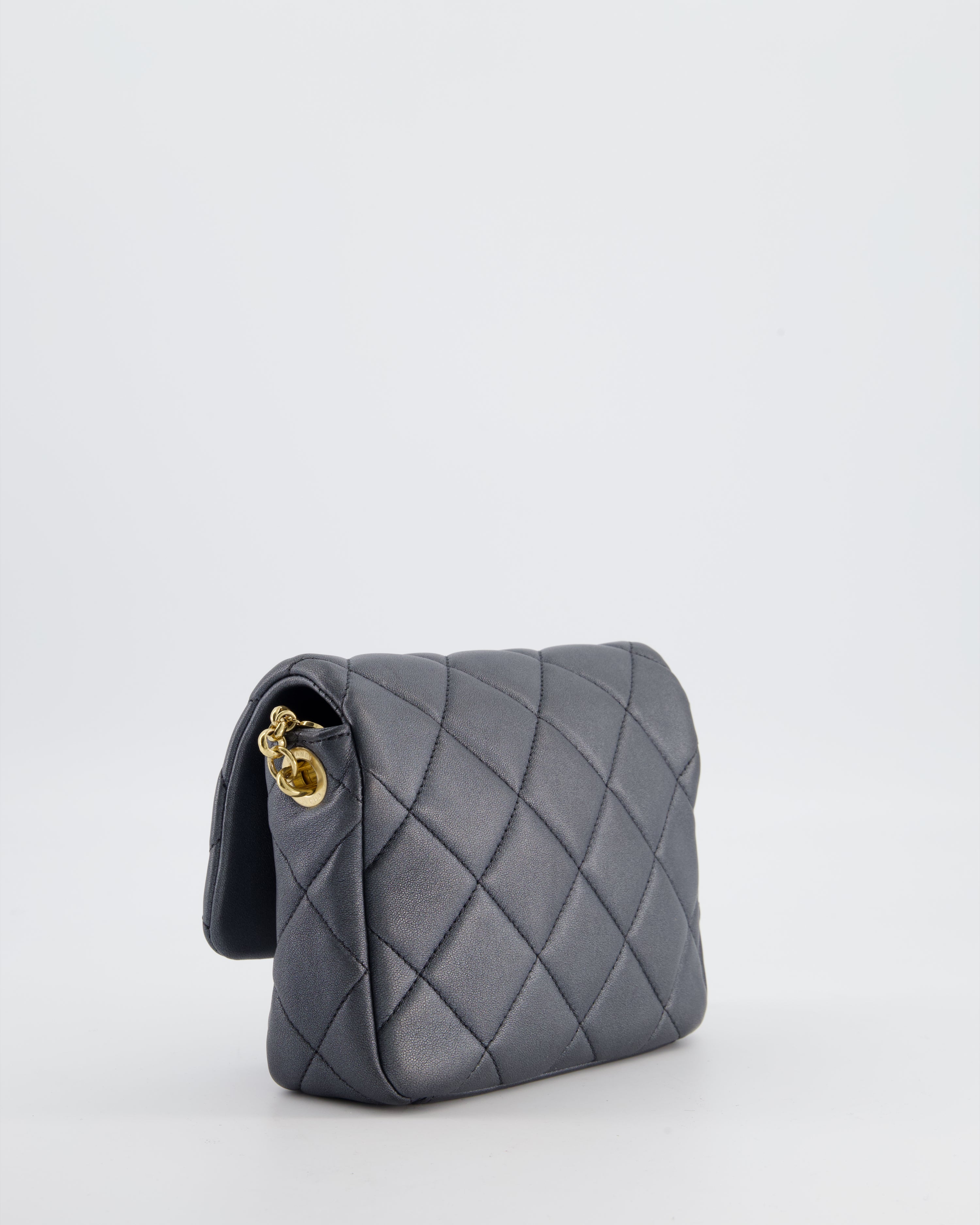 Chanel Dark Metallic Silver Small Flap Bag in Lambskin Leather with Gold Hardware and Chanel Charm Chain