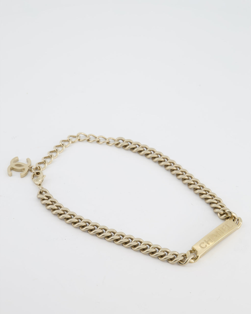 Chanel Gold Curb Link Chain Necklace with Logo Plate and CC Charm