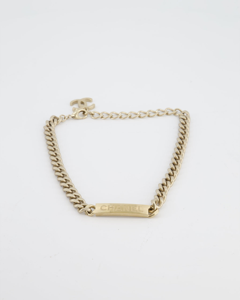 Chanel Gold Curb Link Chain Necklace with Logo Plate and CC Charm