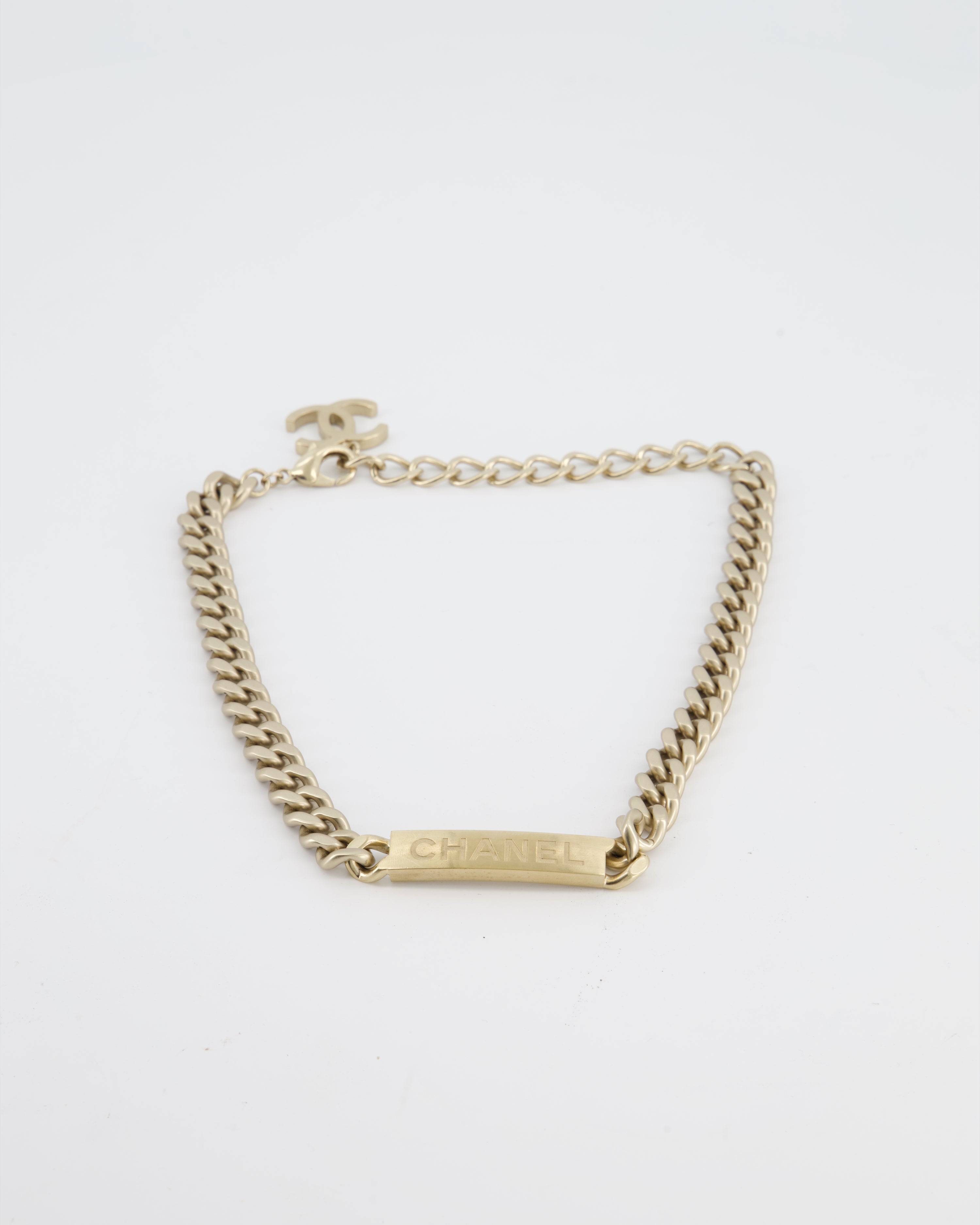 Chanel Gold Curb Link Chain Necklace with Logo Plate and CC Charm