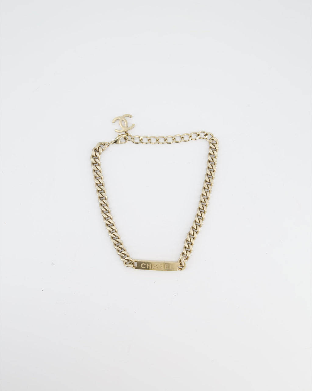 Chanel Gold Curb Link Chain Necklace with Logo Plate and CC Charm