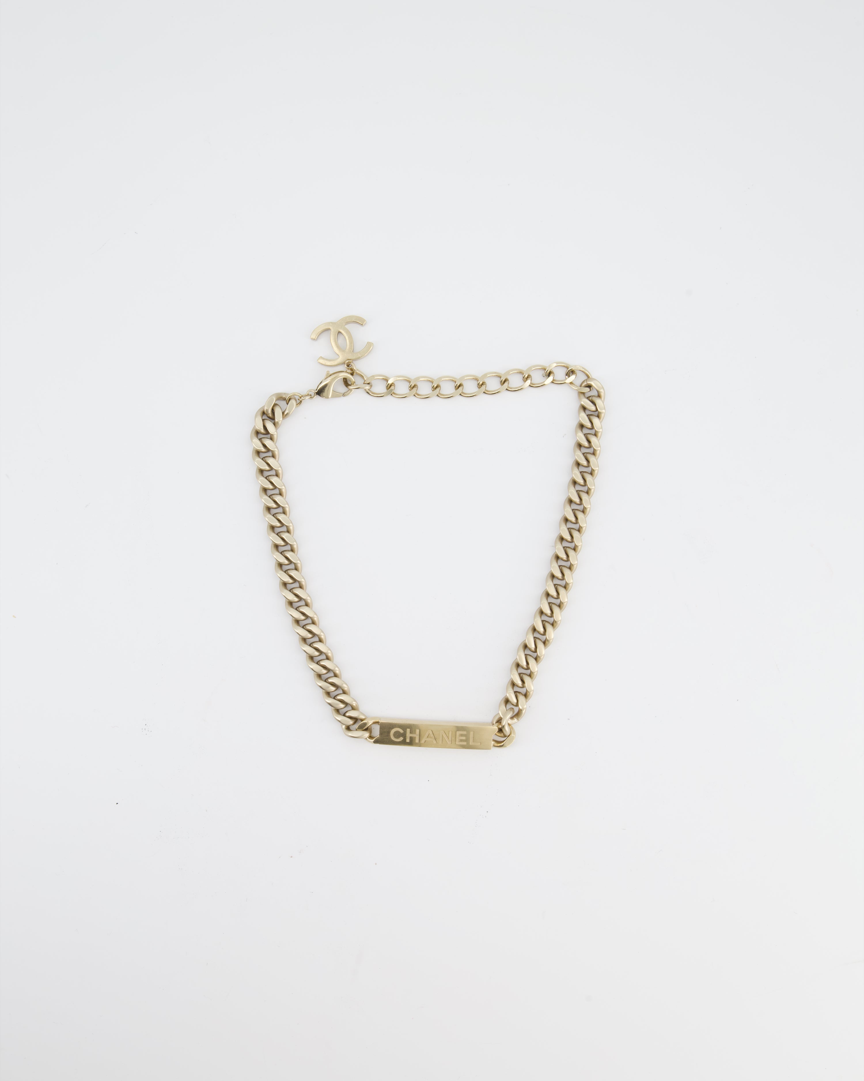 Chanel Gold Curb Link Chain Necklace with Logo Plate and CC Charm