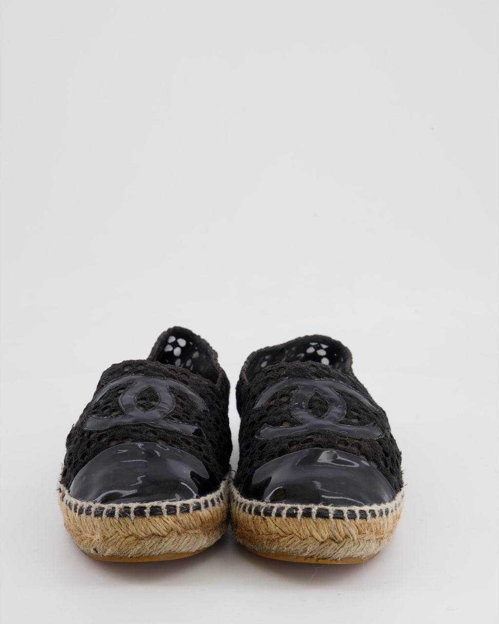 Chanel Black Lace Espadrilles with Patent Leather CC Logo and Toe Cap Detail Size EU 40