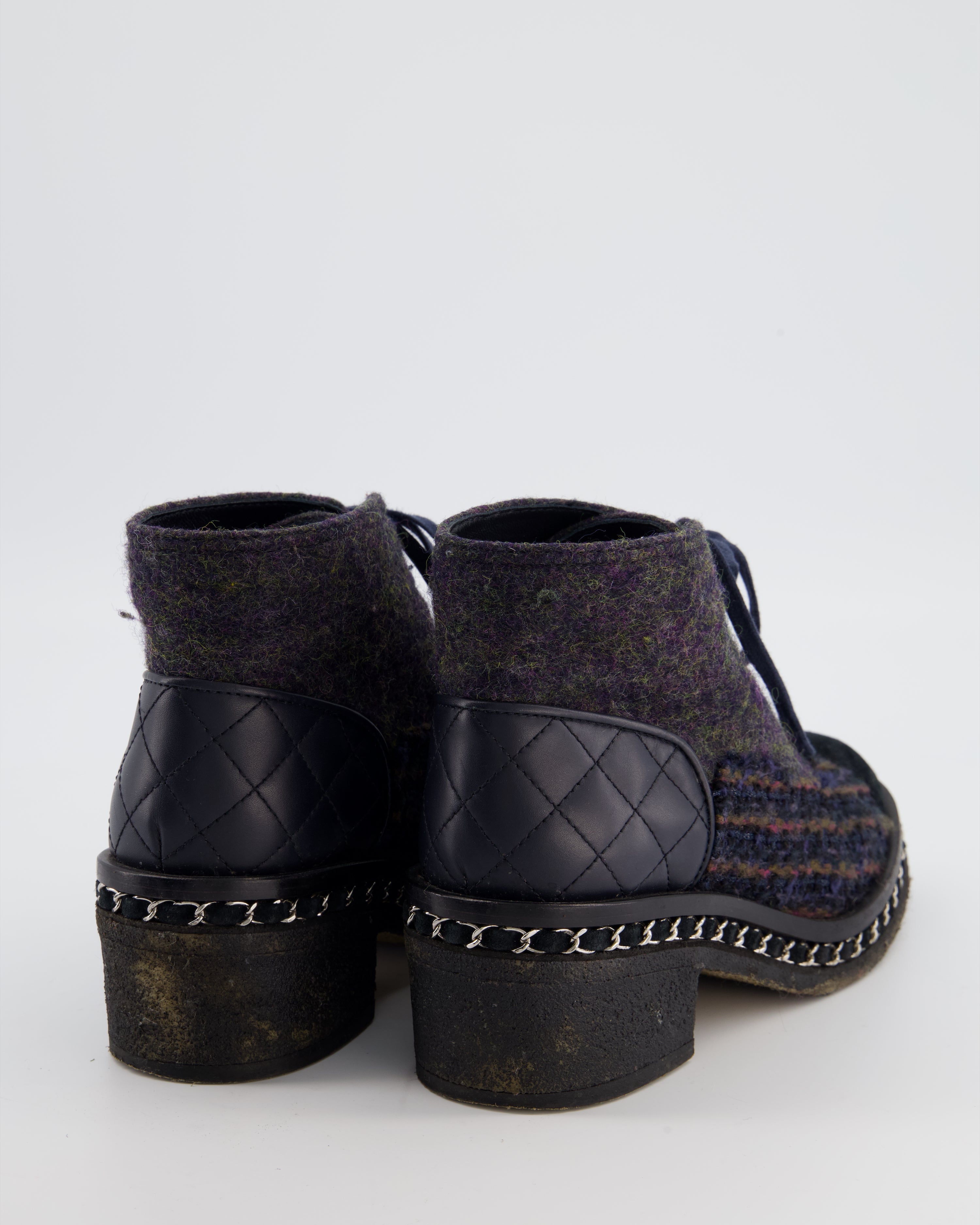Chanel Black Calfskin Boots with Tweed, Suede & Chain Detailing Size EU 38