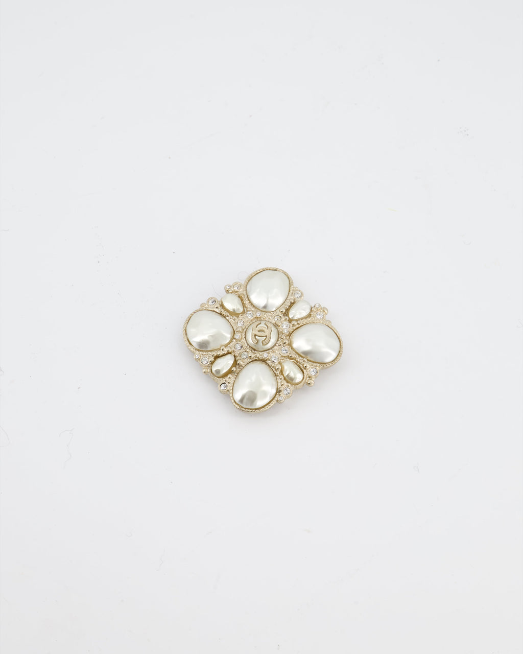 Chanel Champagne Gold Pearl and Crystal Brooch with CC Logo