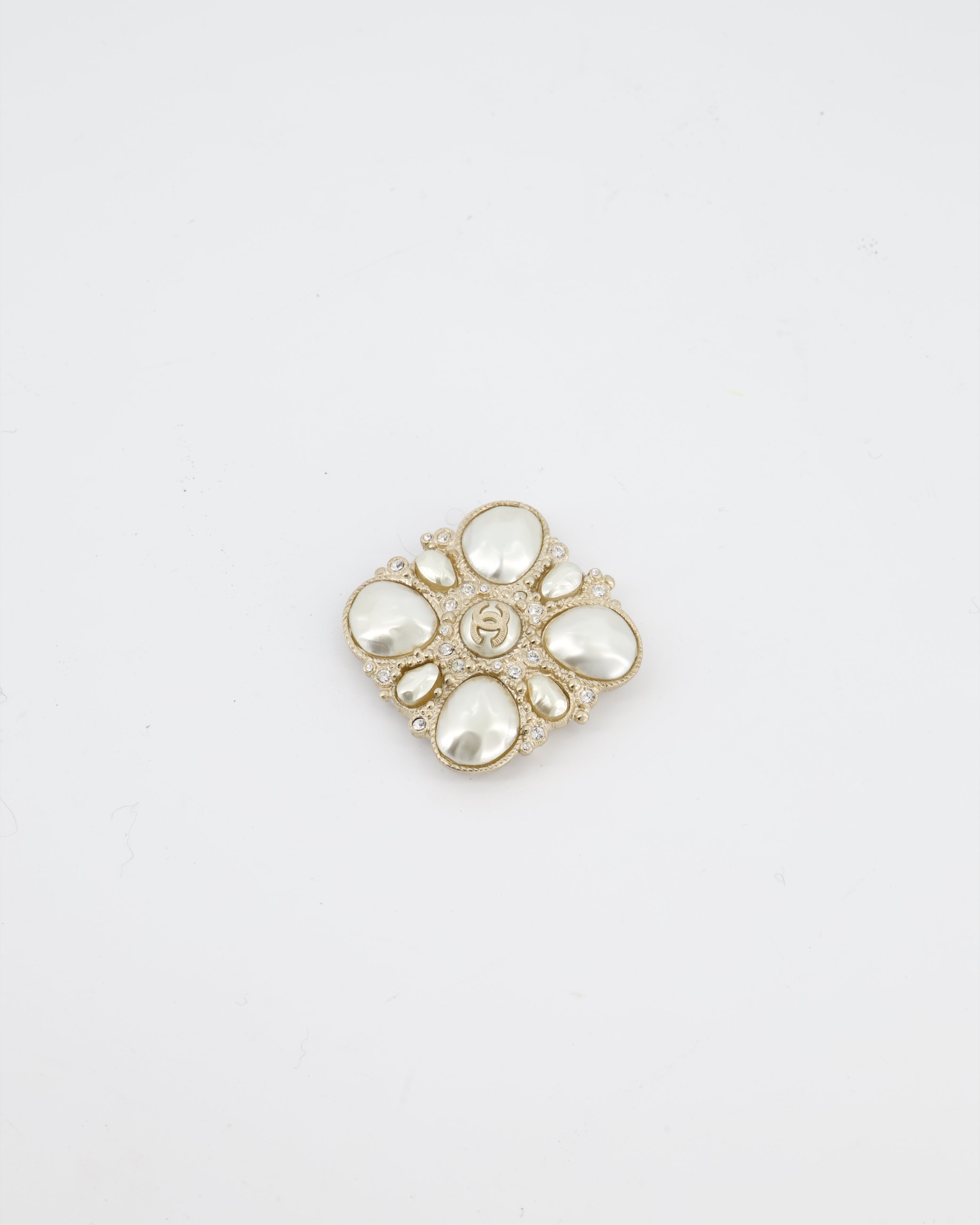 Chanel Champagne Gold Pearl and Crystal Brooch with CC Logo