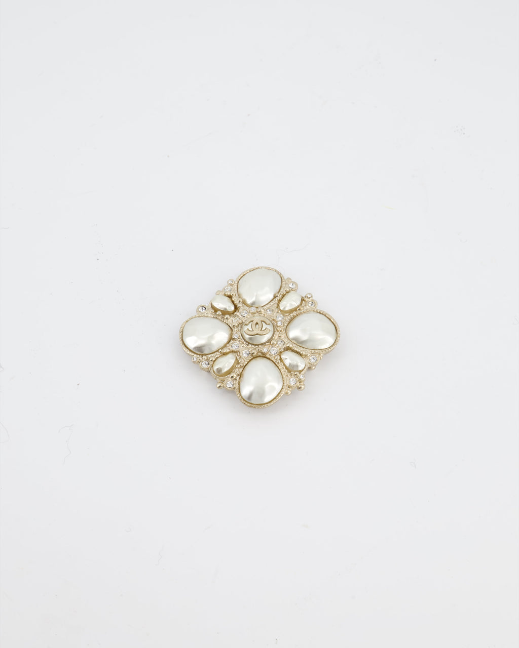 Chanel Champagne Gold Pearl and Crystal Brooch with CC Logo
