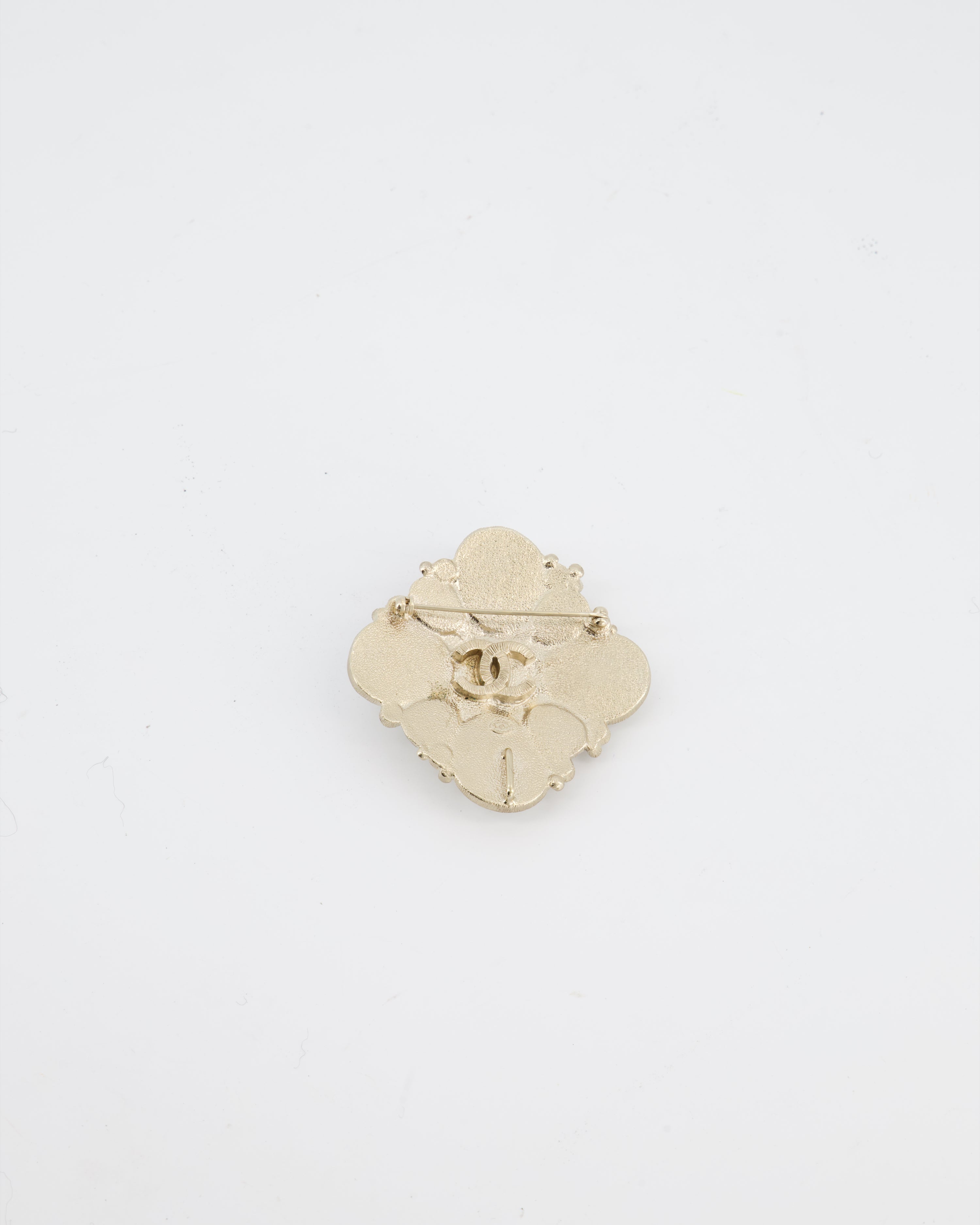 Chanel Champagne Gold Pearl and Crystal Brooch with CC Logo