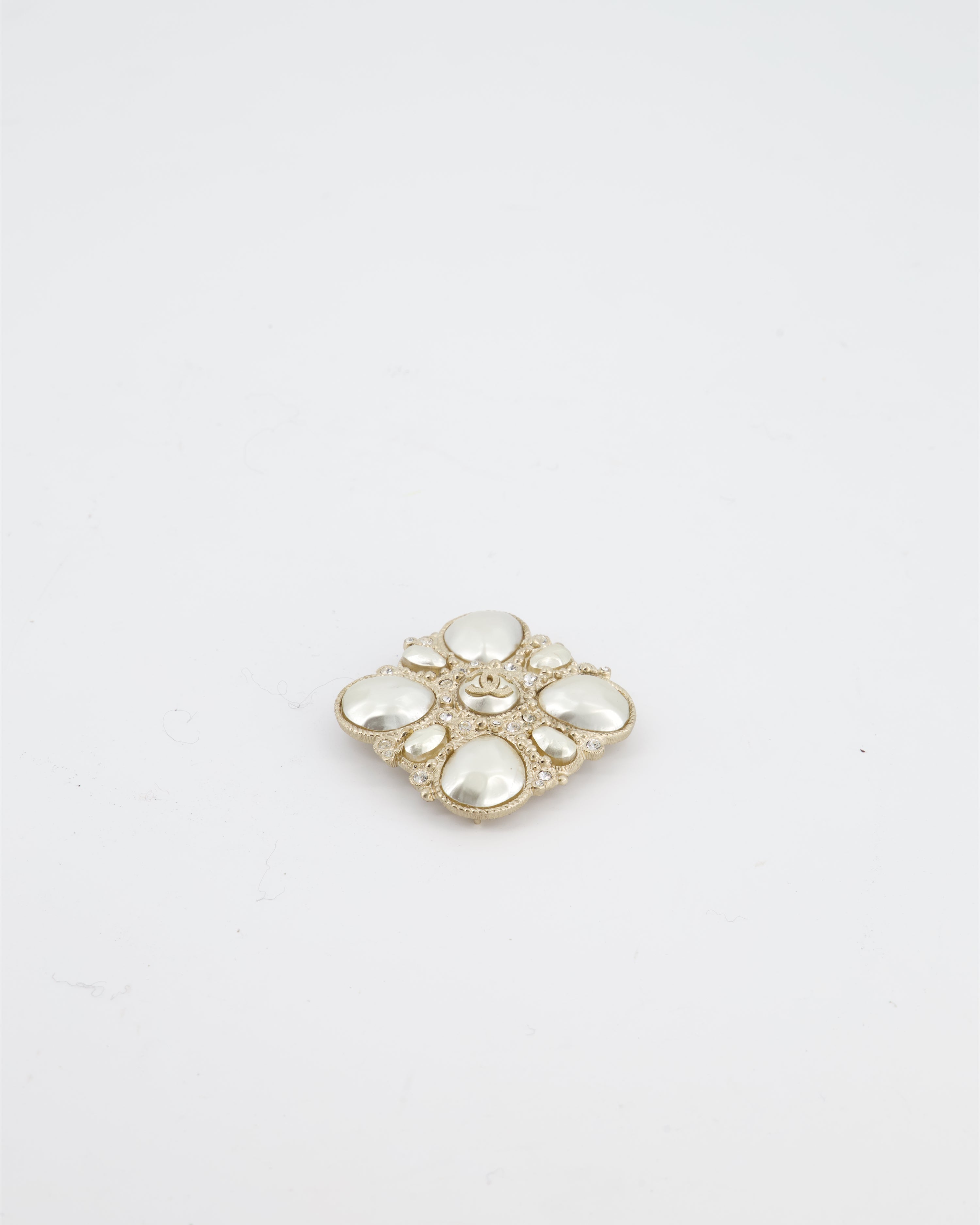 Chanel Champagne Gold Pearl and Crystal Brooch with CC Logo