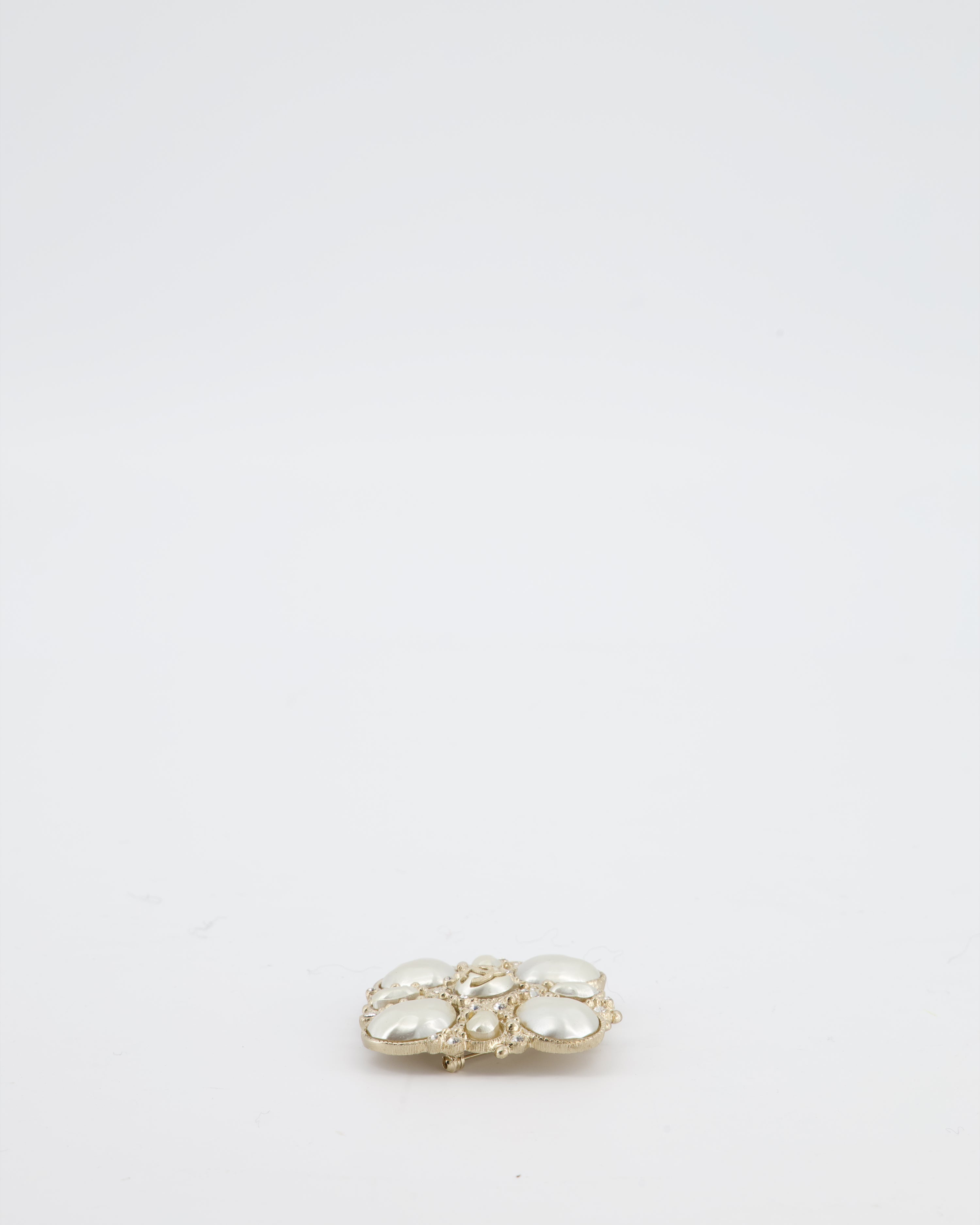 Chanel Champagne Gold Pearl and Crystal Brooch with CC Logo