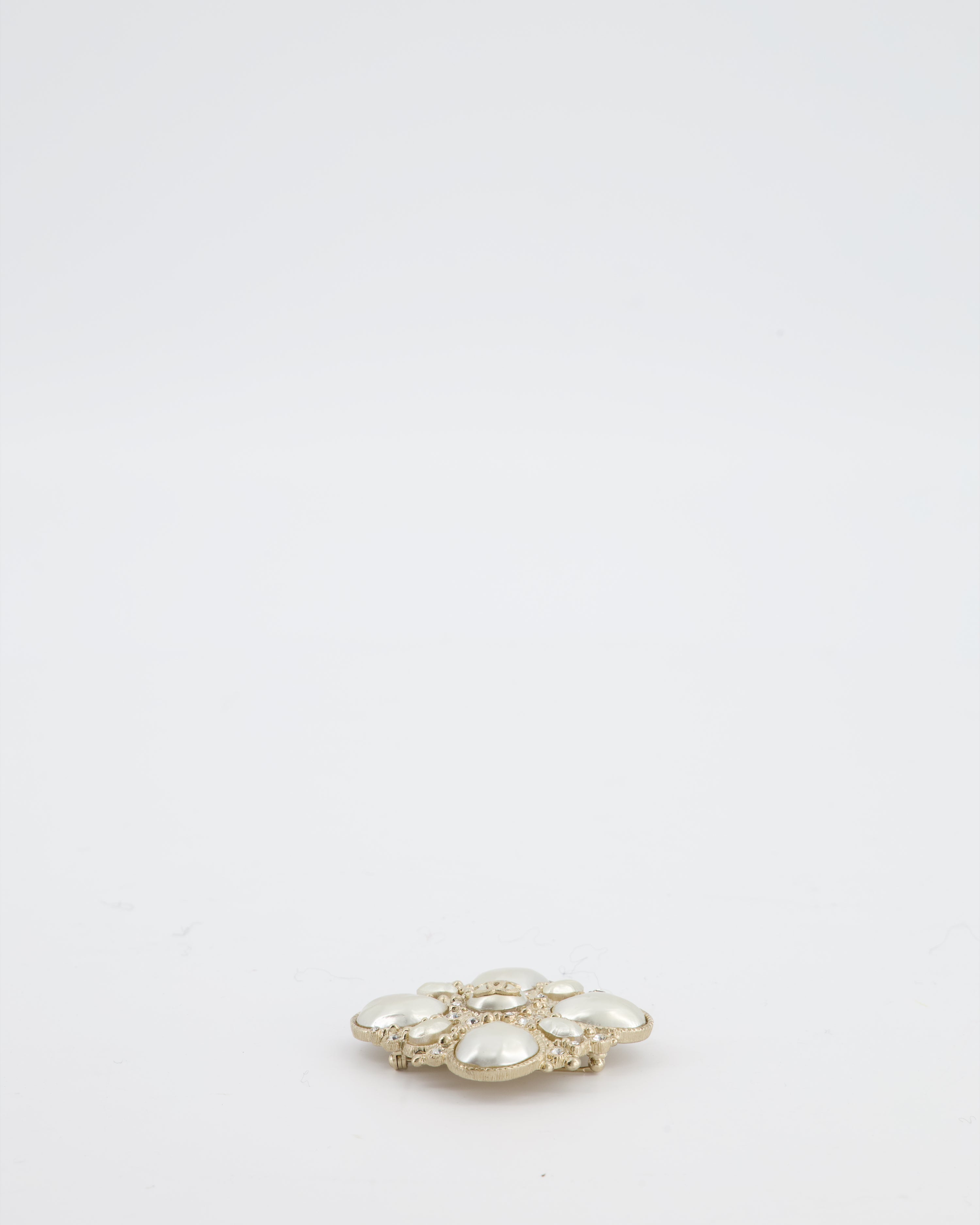 Chanel Champagne Gold Pearl and Crystal Brooch with CC Logo