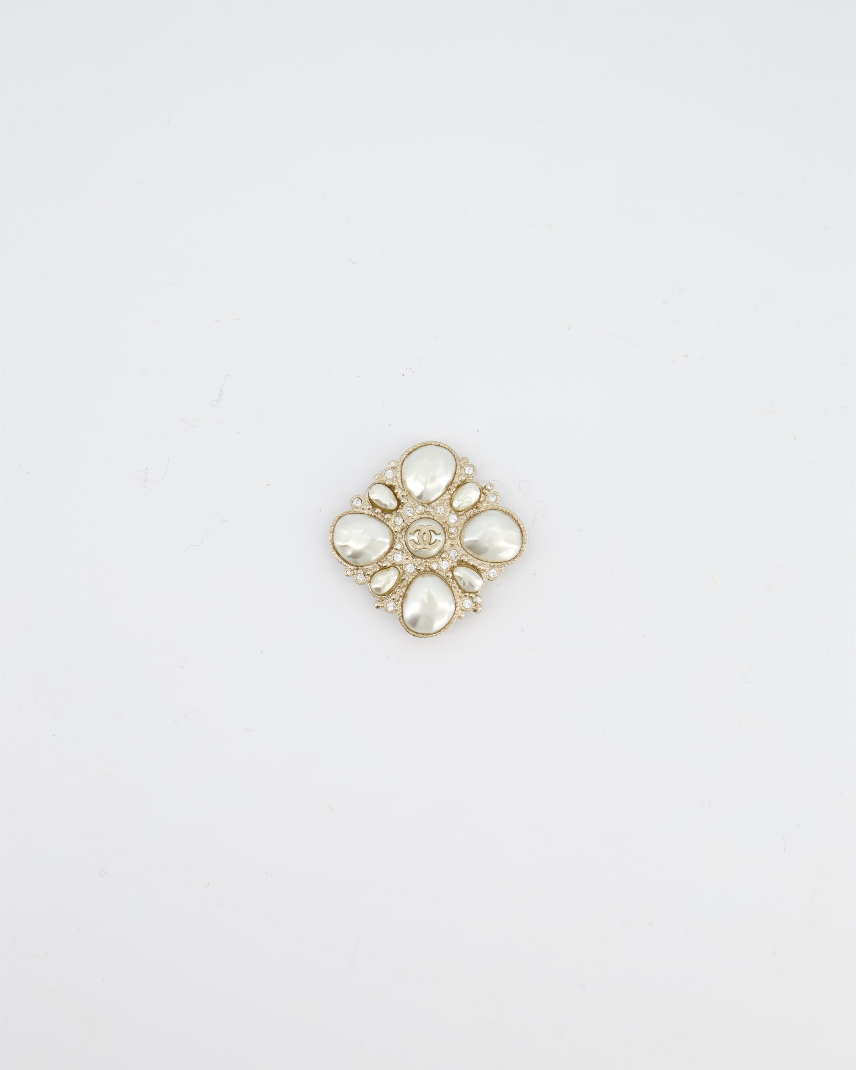 Chanel Champagne Gold Pearl and Crystal Brooch with CC Logo