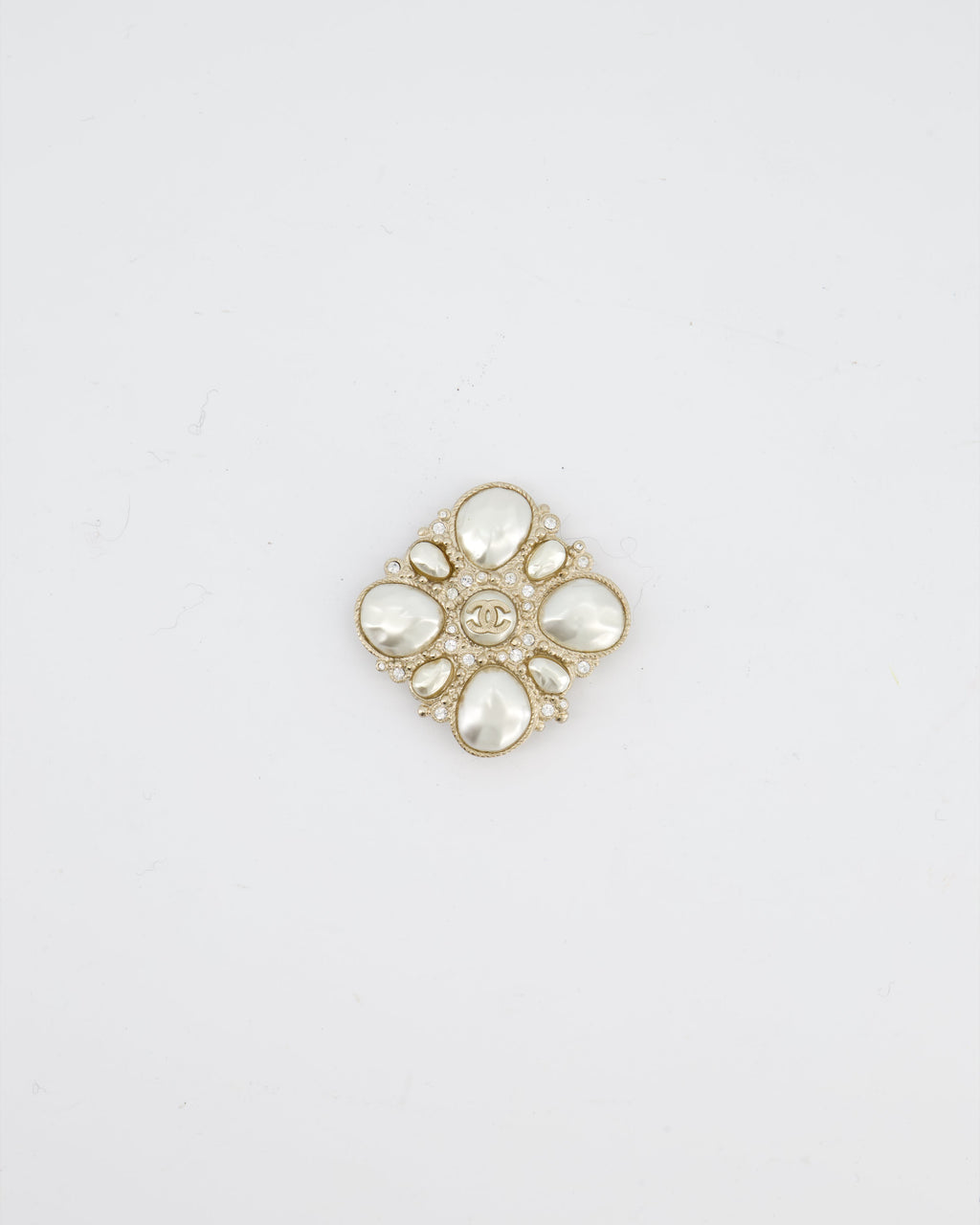 Chanel Champagne Gold Pearl and Crystal Brooch with CC Logo