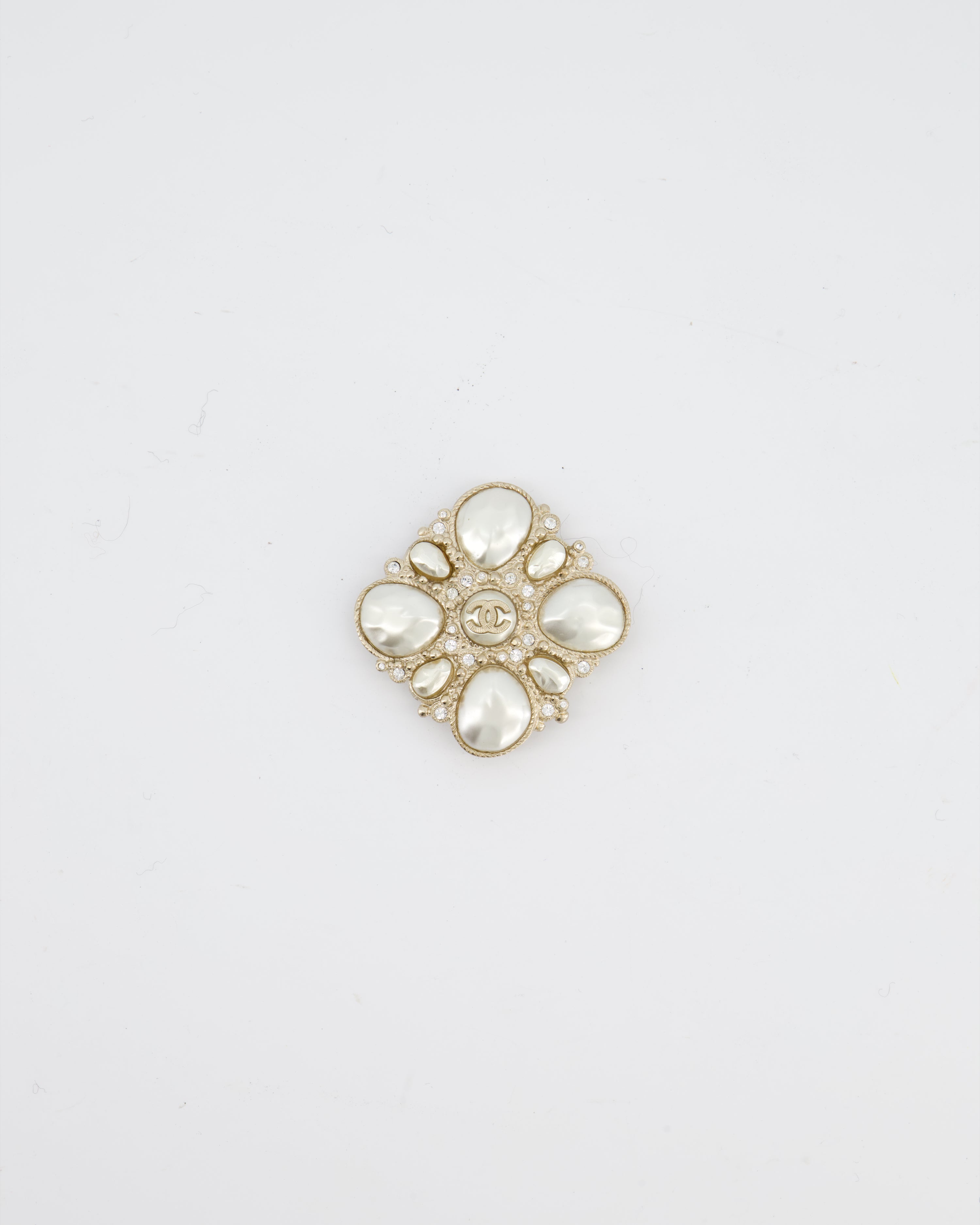 Chanel Champagne Gold Pearl and Crystal Brooch with CC Logo