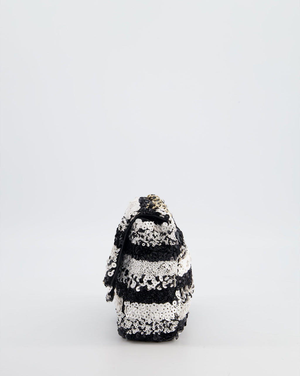 *HOT* Chanel Black and White Stripe Sequin Coco Mark Single Flap Bag with Champagne Gold Hardware