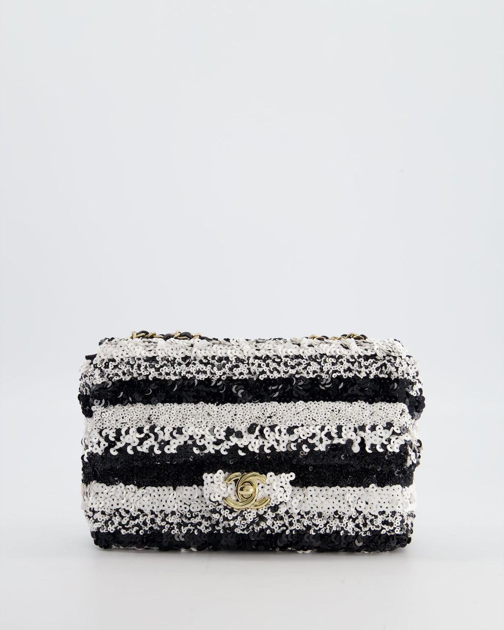 *HOT* Chanel Black and White Stripe Sequin Coco Mark Single Flap Bag with Champagne Gold Hardware