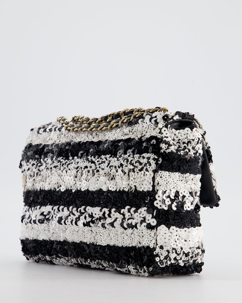 *HOT* Chanel Black and White Stripe Sequin Coco Mark Single Flap Bag with Champagne Gold Hardware