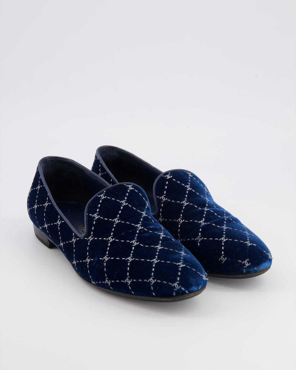 Chanel Navy Velour Loafers with Silver Diamond Stitch Pattern and CC Logos Size EU 40C
