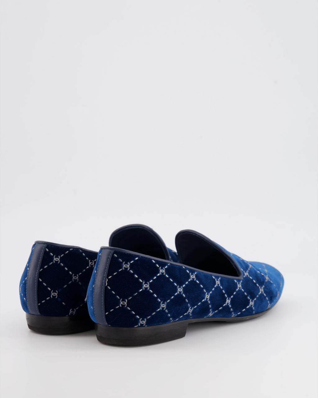 Chanel Navy Velour Loafers with Silver Diamond Stitch Pattern and CC Logos Size EU 40C