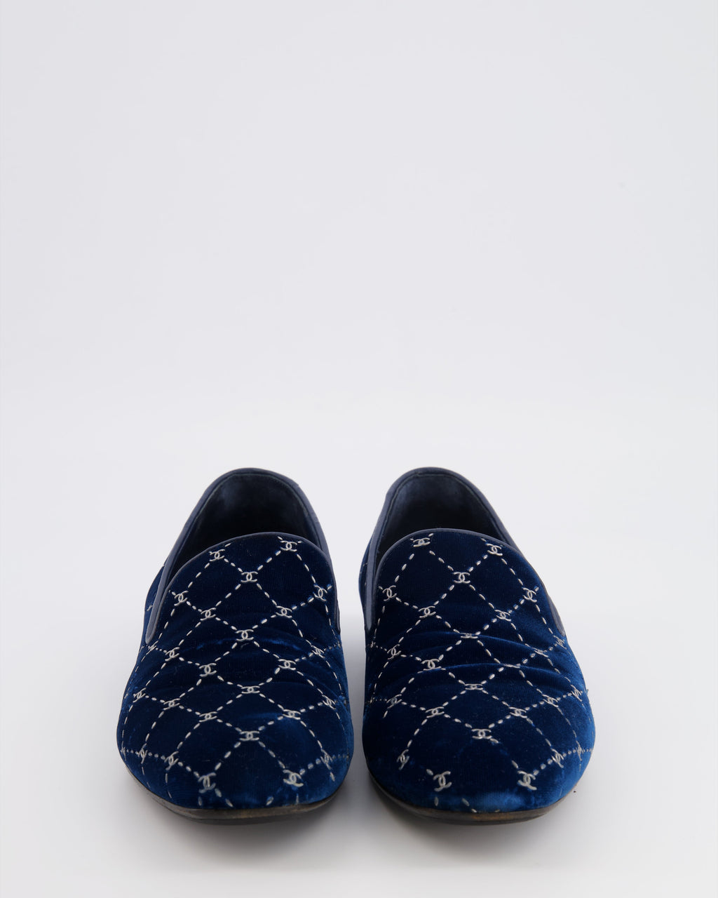 Chanel Navy Velour Loafers with Silver Diamond Stitch Pattern and CC Logos Size EU 40C