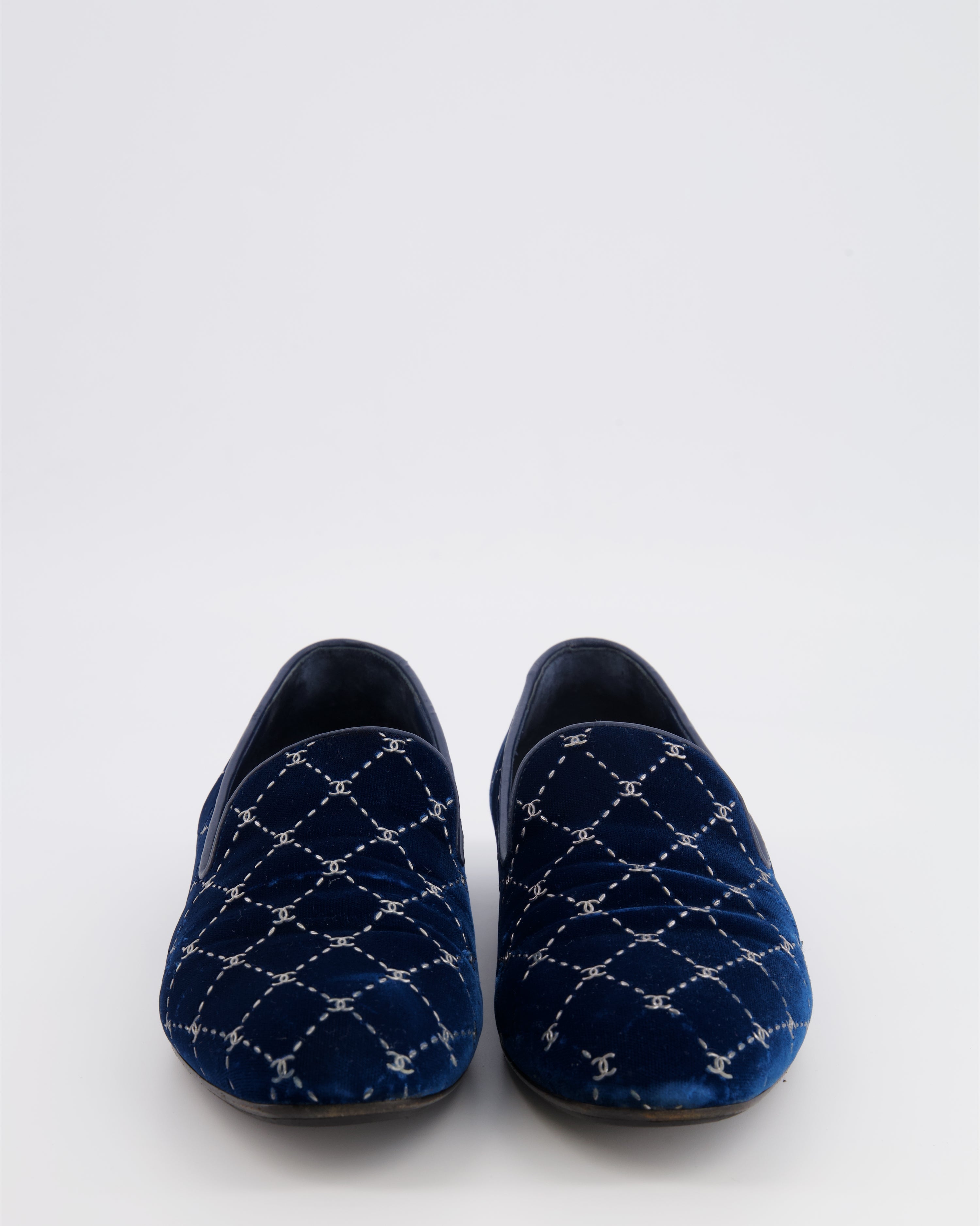 Chanel Navy Velour Loafers with Silver Diamond Stitch Pattern and CC Logos Size EU 40C