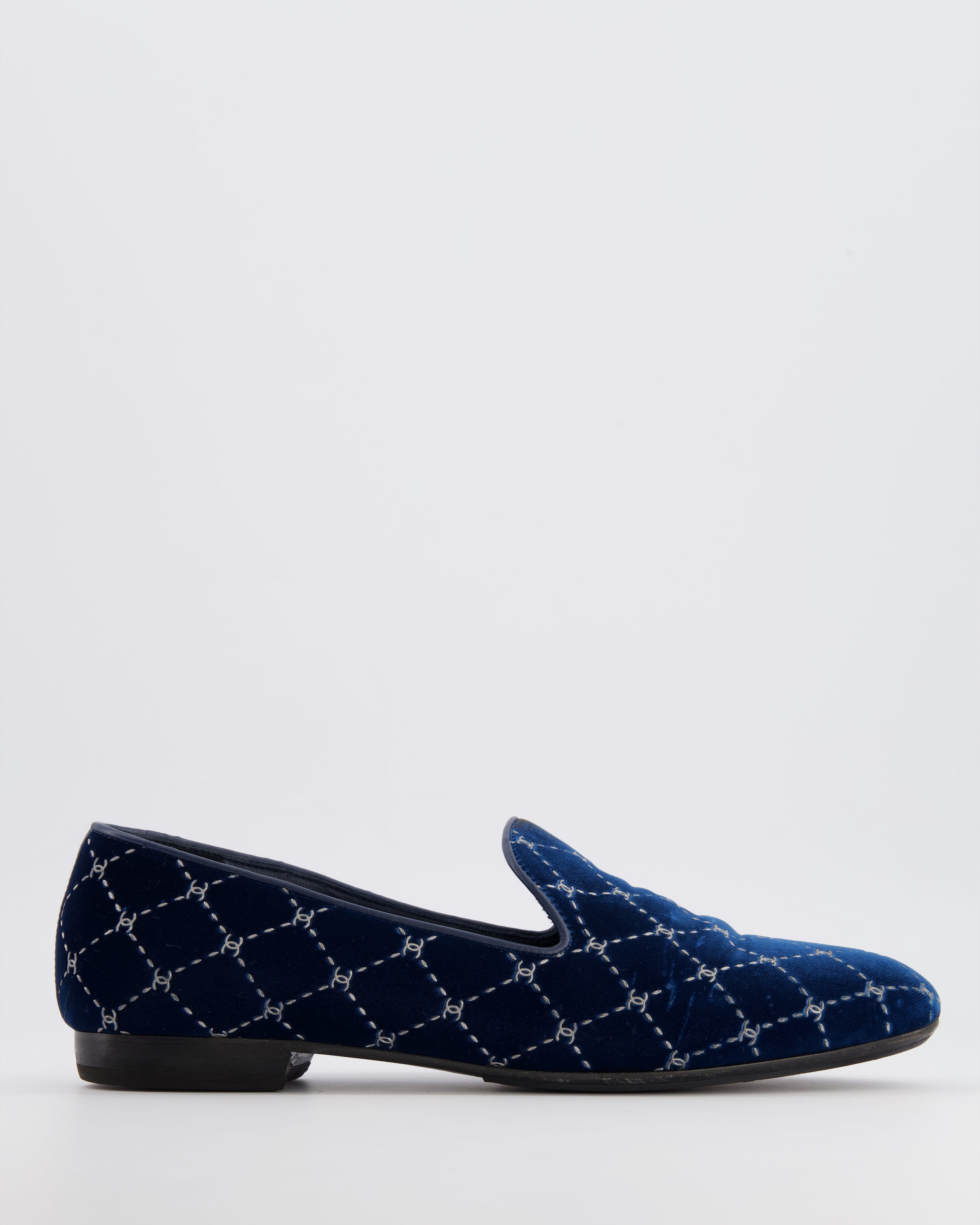 Chanel Navy Velour Loafers with Silver Diamond Stitch Pattern and CC Logos Size EU 40C
