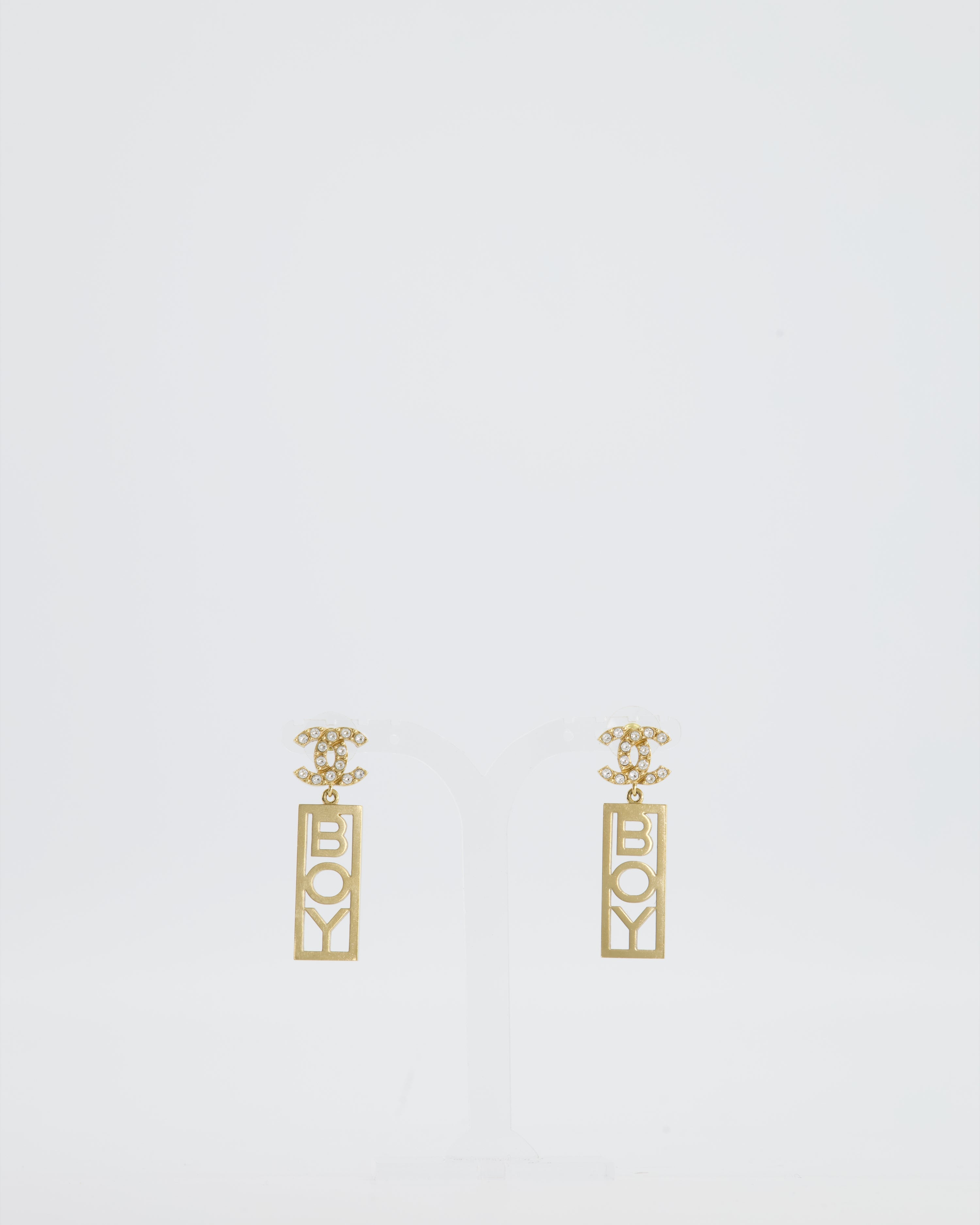 Chanel 22P Gold Crystal CC Earrings Drop BOY Pendant