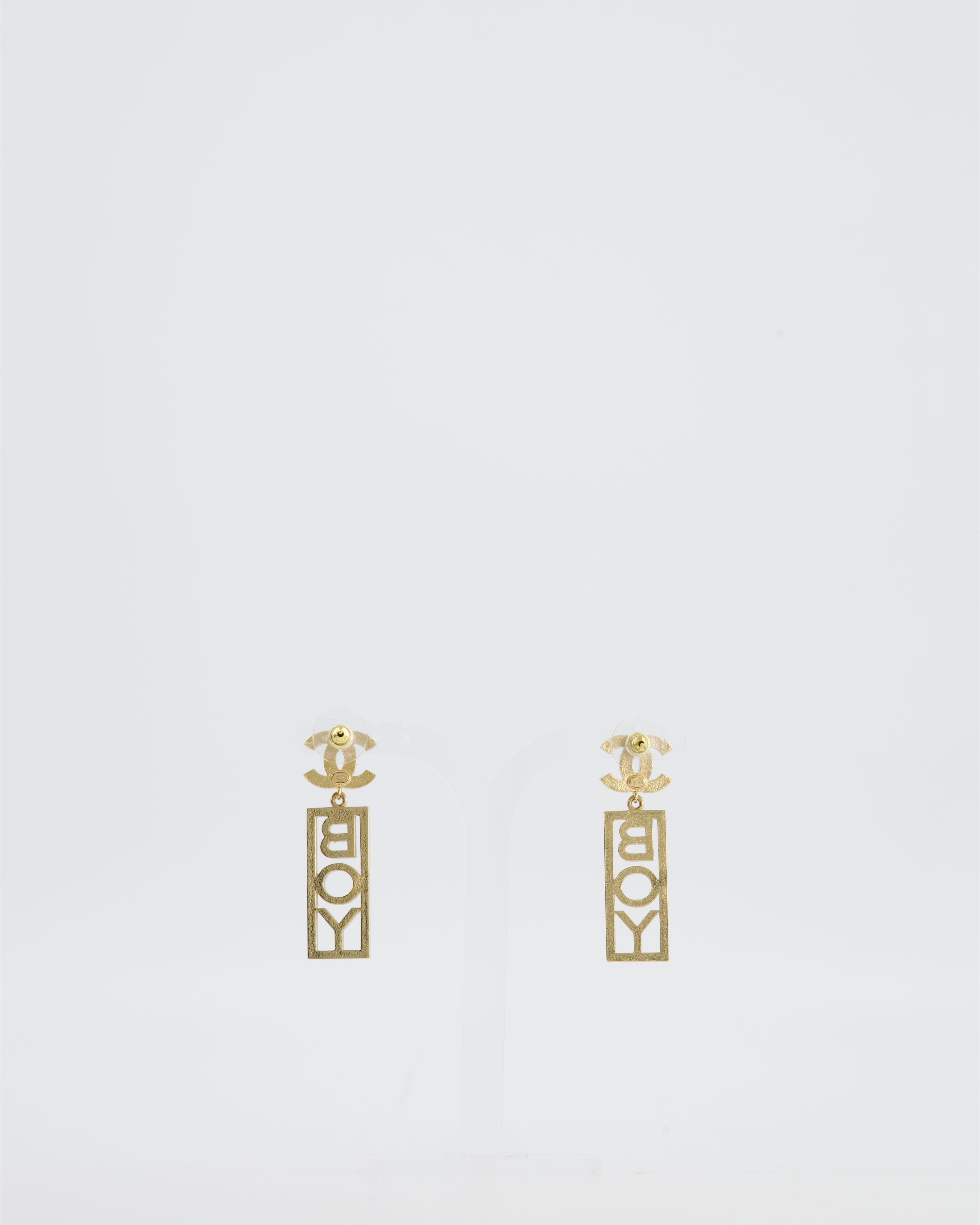Chanel 22P Gold Crystal CC Earrings Drop BOY Pendant