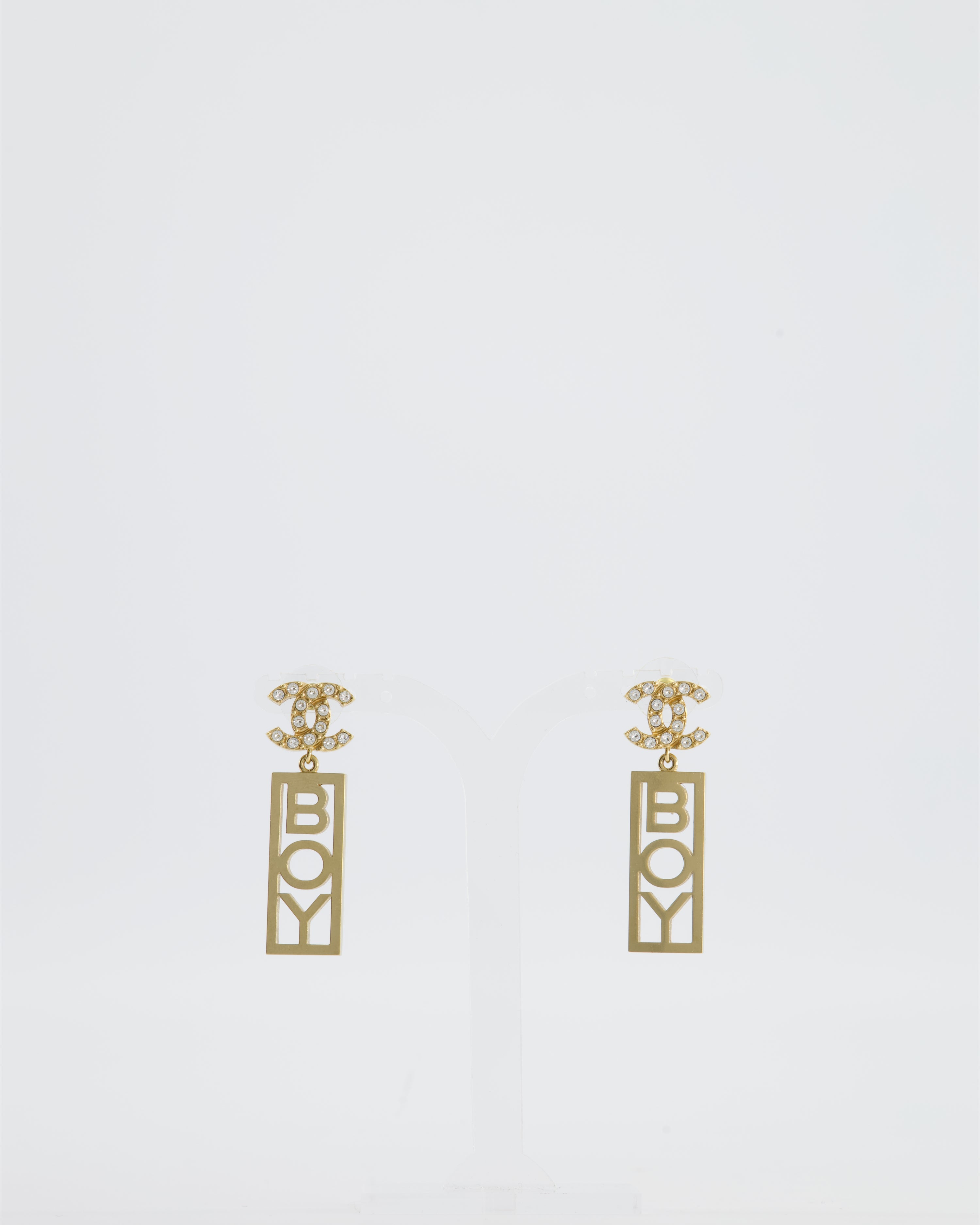Chanel 22P Gold Crystal CC Earrings Drop BOY Pendant