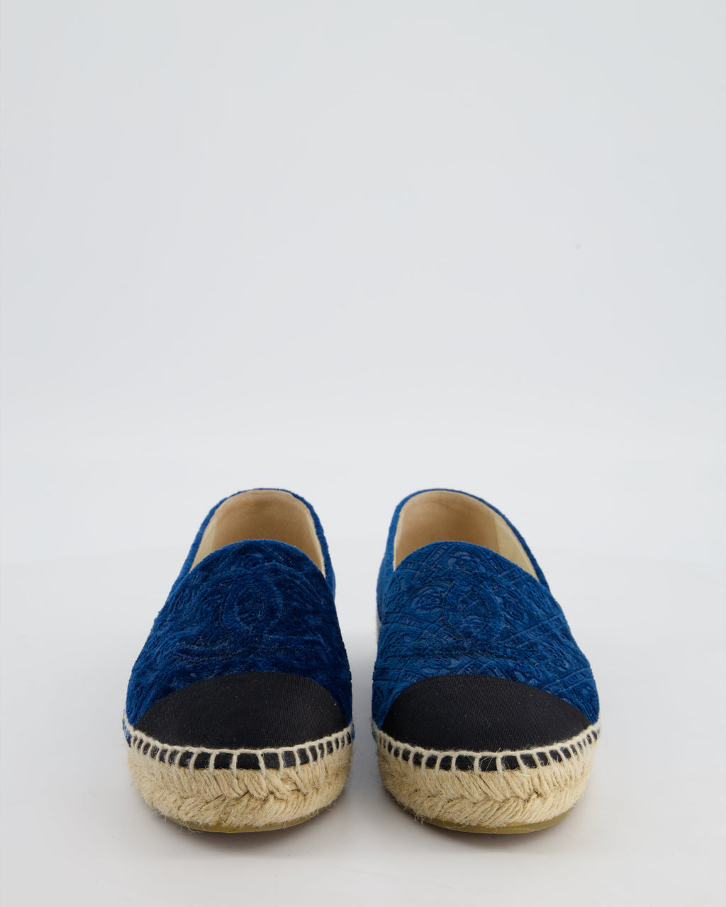 Chanel Blue Velvet Rose Print Espadrilles with CC Logo Size EU 37
