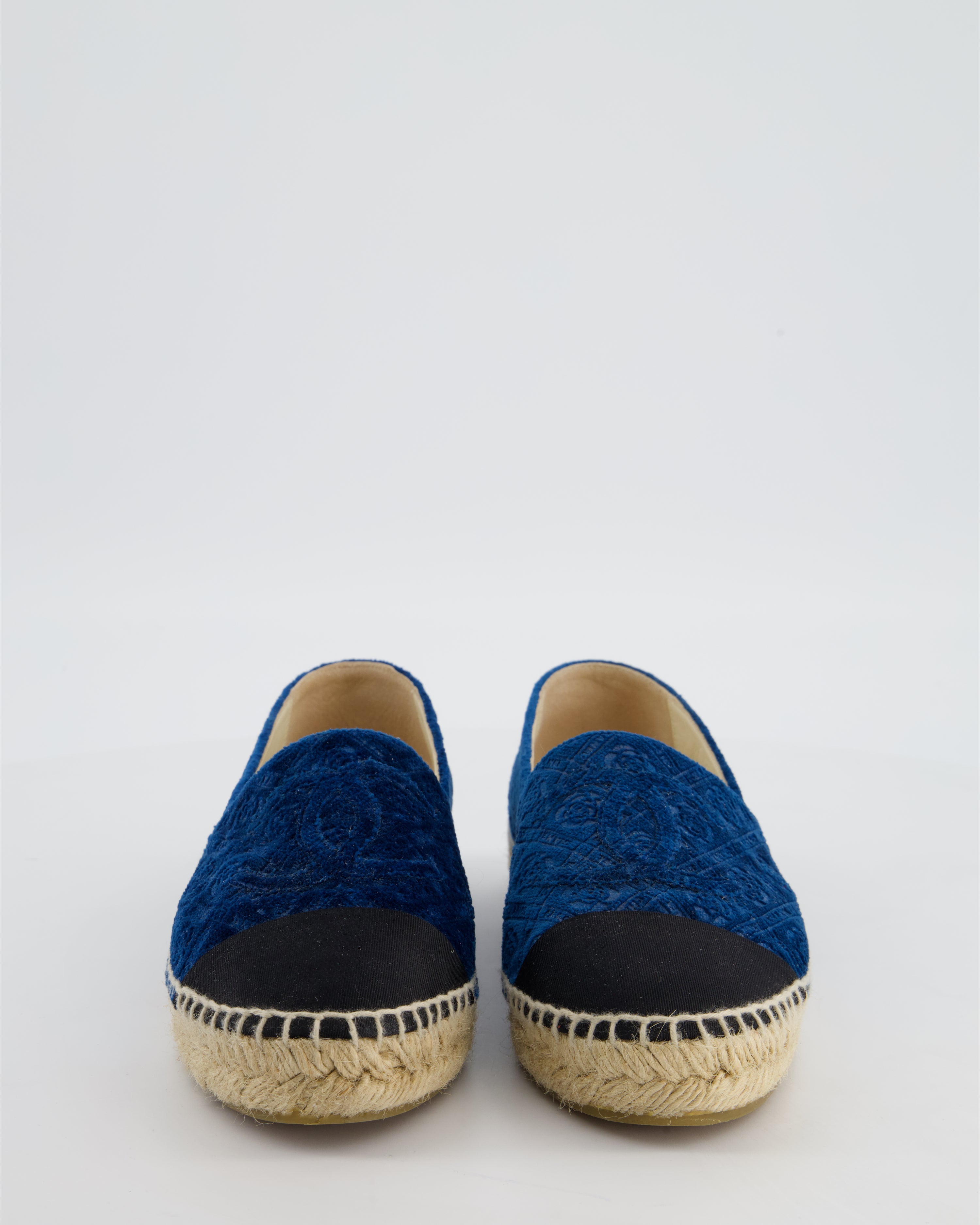 Chanel Blue Velvet Rose Print Espadrilles with CC Logo Size EU 37