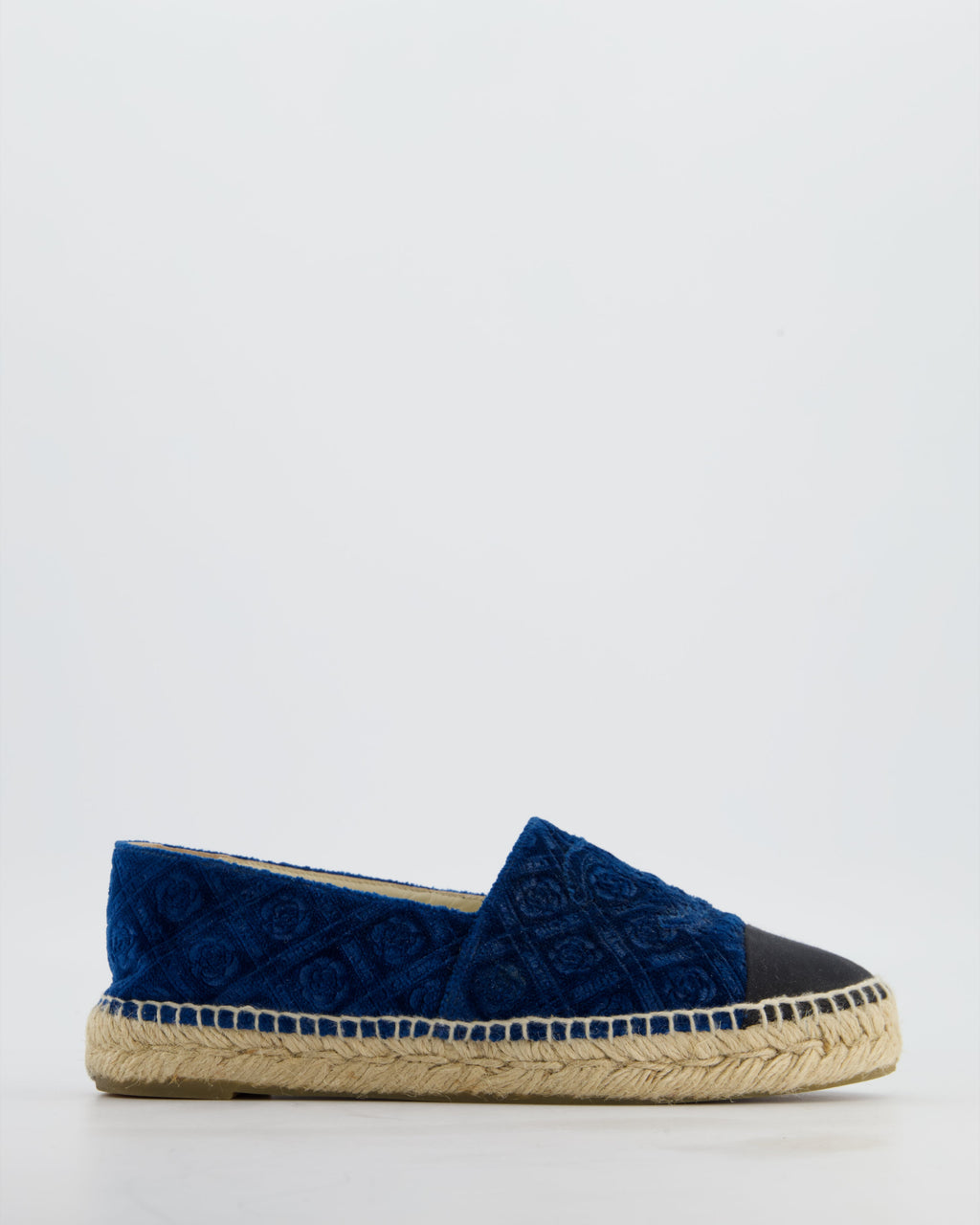 Chanel Blue Velvet Rose Print Espadrilles with CC Logo Size EU 37