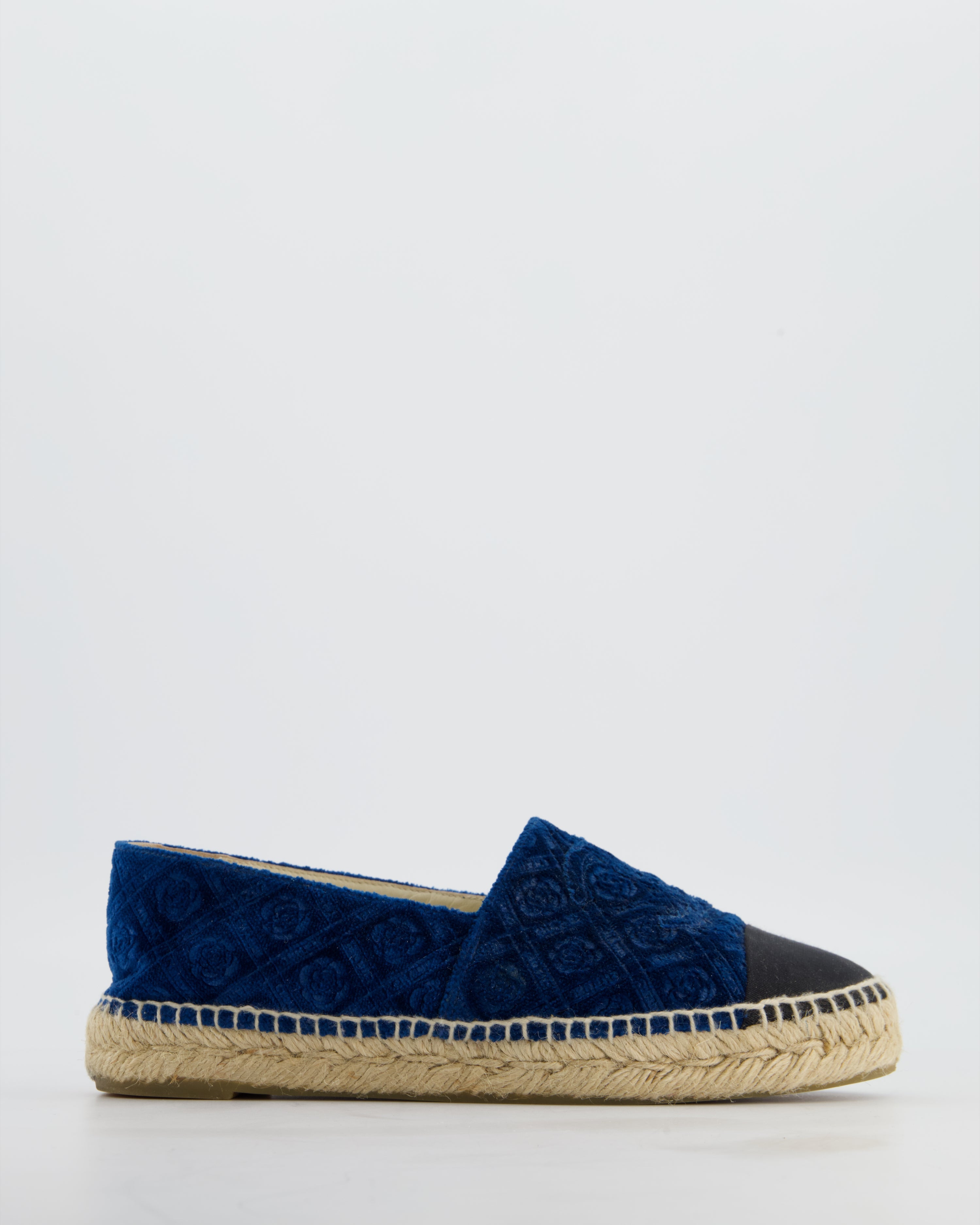 Chanel Blue Velvet Rose Print Espadrilles with CC Logo Size EU 37