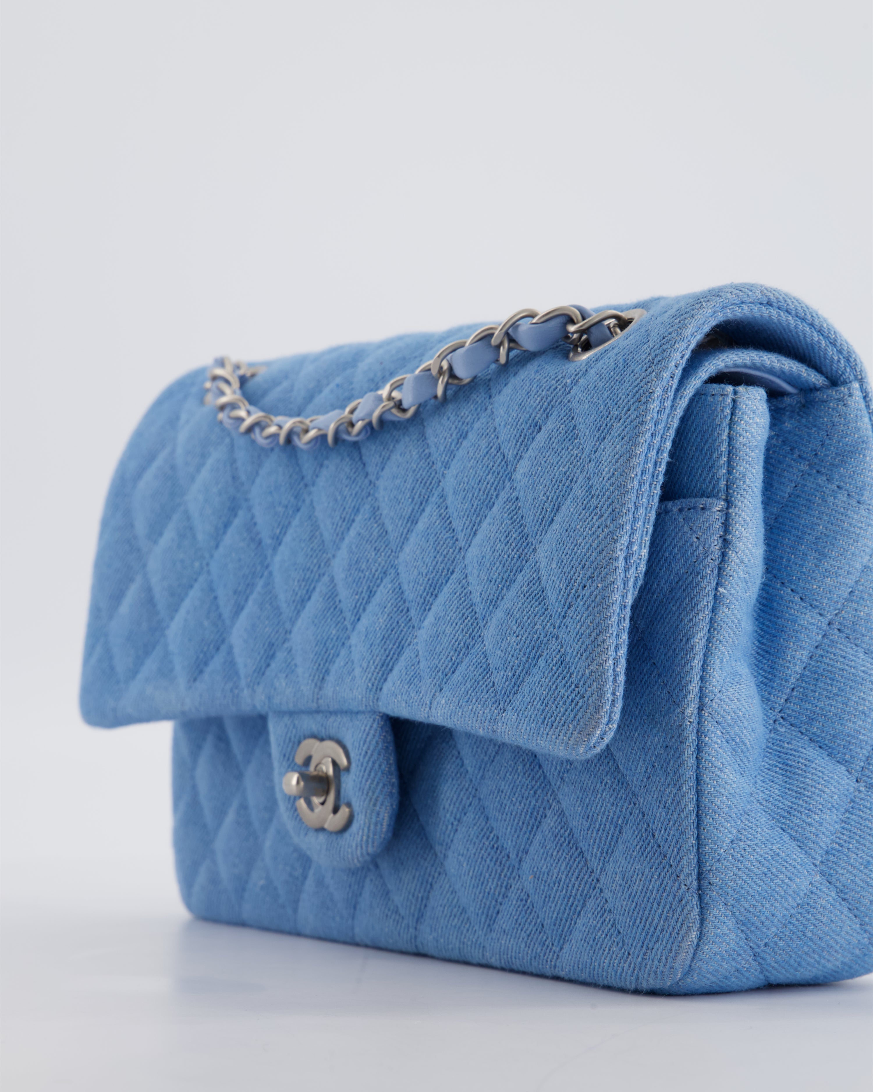 Chanel 25C Medium Double Flap Bag in Light Blue Denim with Brushed Silver Hardware