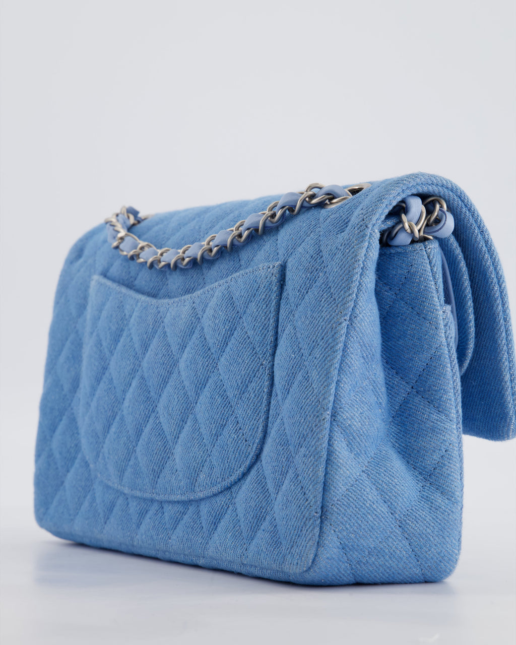 Chanel 25C Medium Double Flap Bag in Light Blue Denim with Brushed Silver Hardware