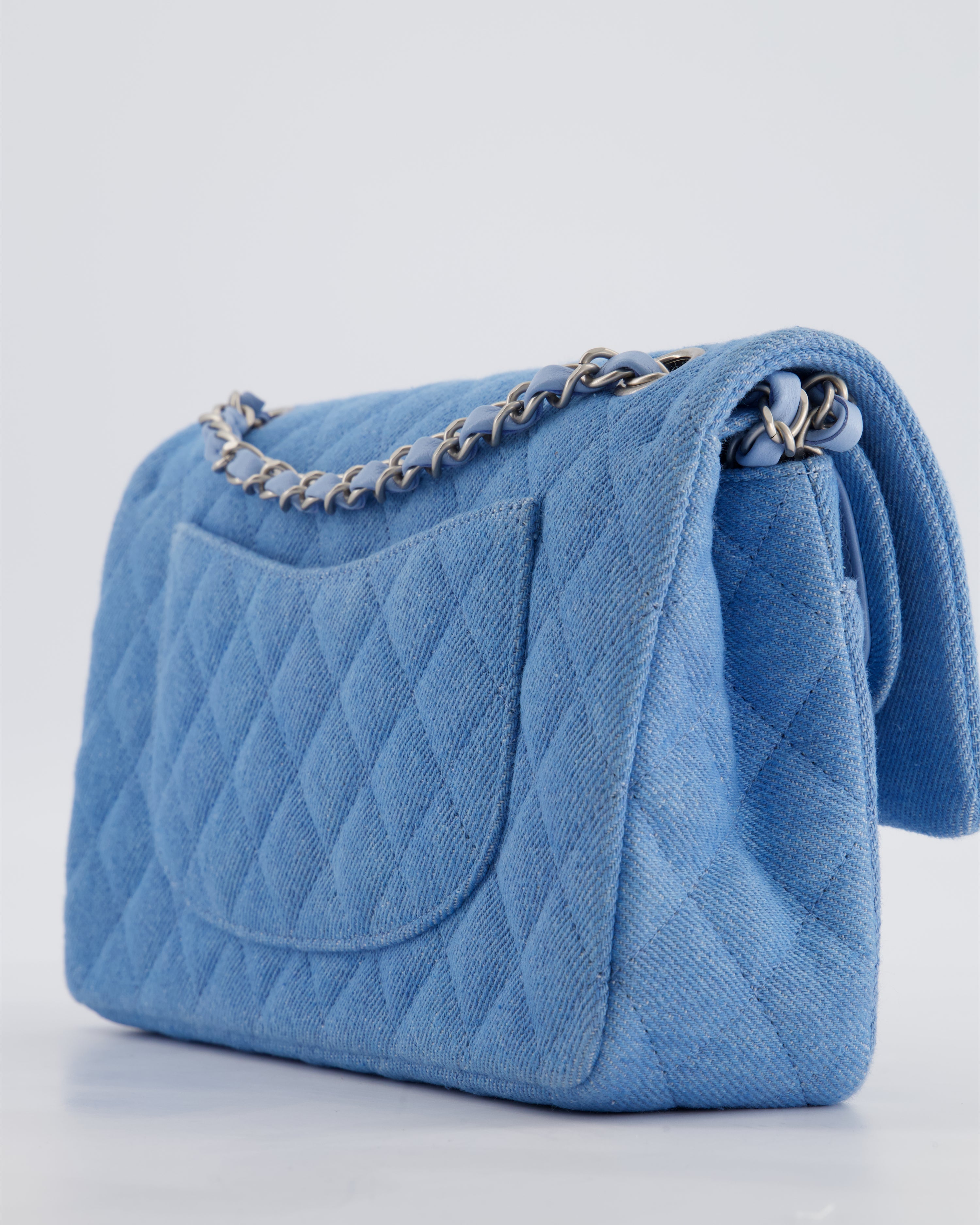 Chanel 25C Medium Double Flap Bag in Light Blue Denim with Brushed Silver Hardware